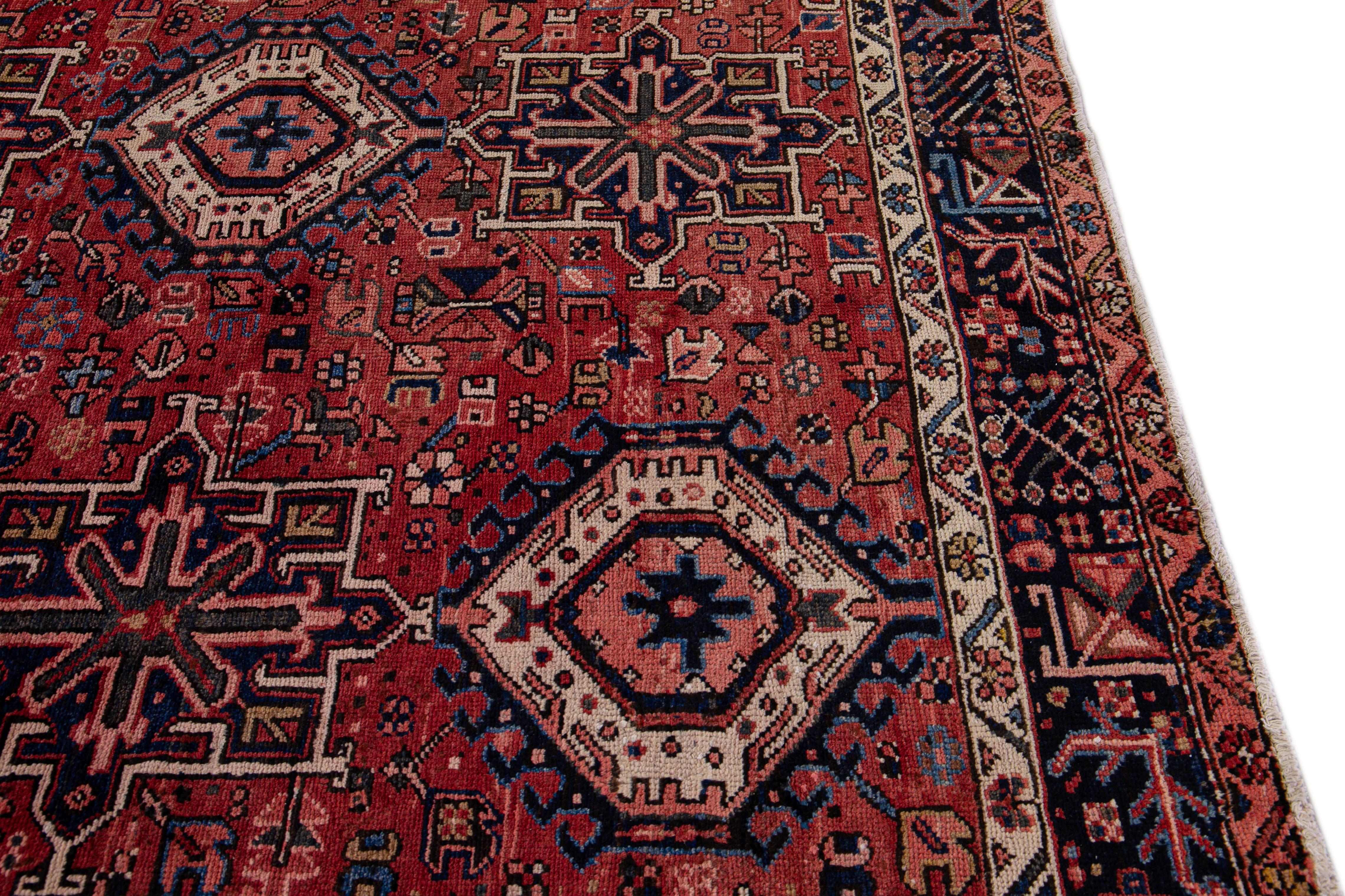 Antique Heriz Persian Handmade Red Geometric Pattern Wool Rug For Sale 4