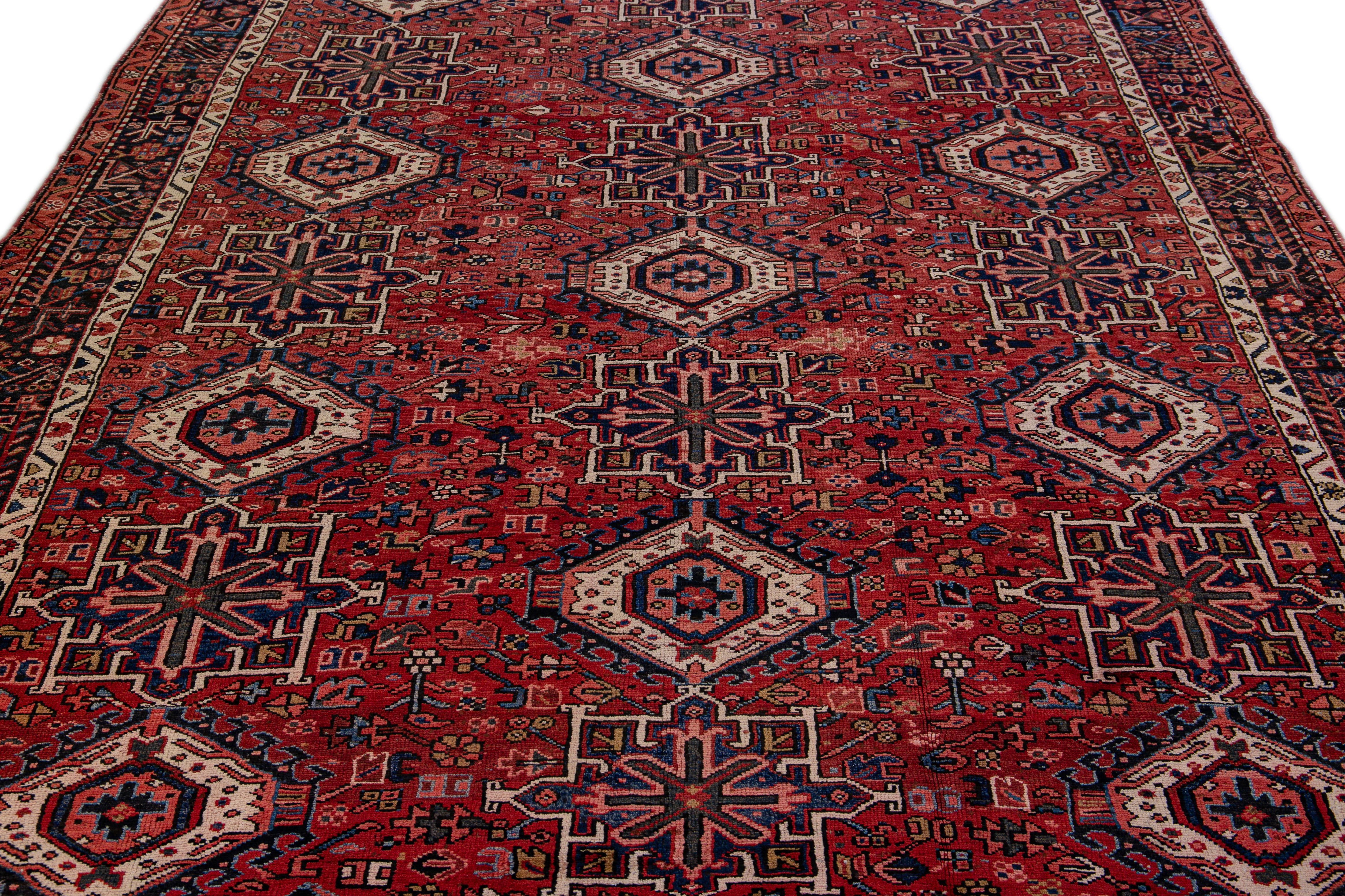 Heriz Serapi Antique Heriz Persian Handmade Red Geometric Pattern Wool Rug For Sale
