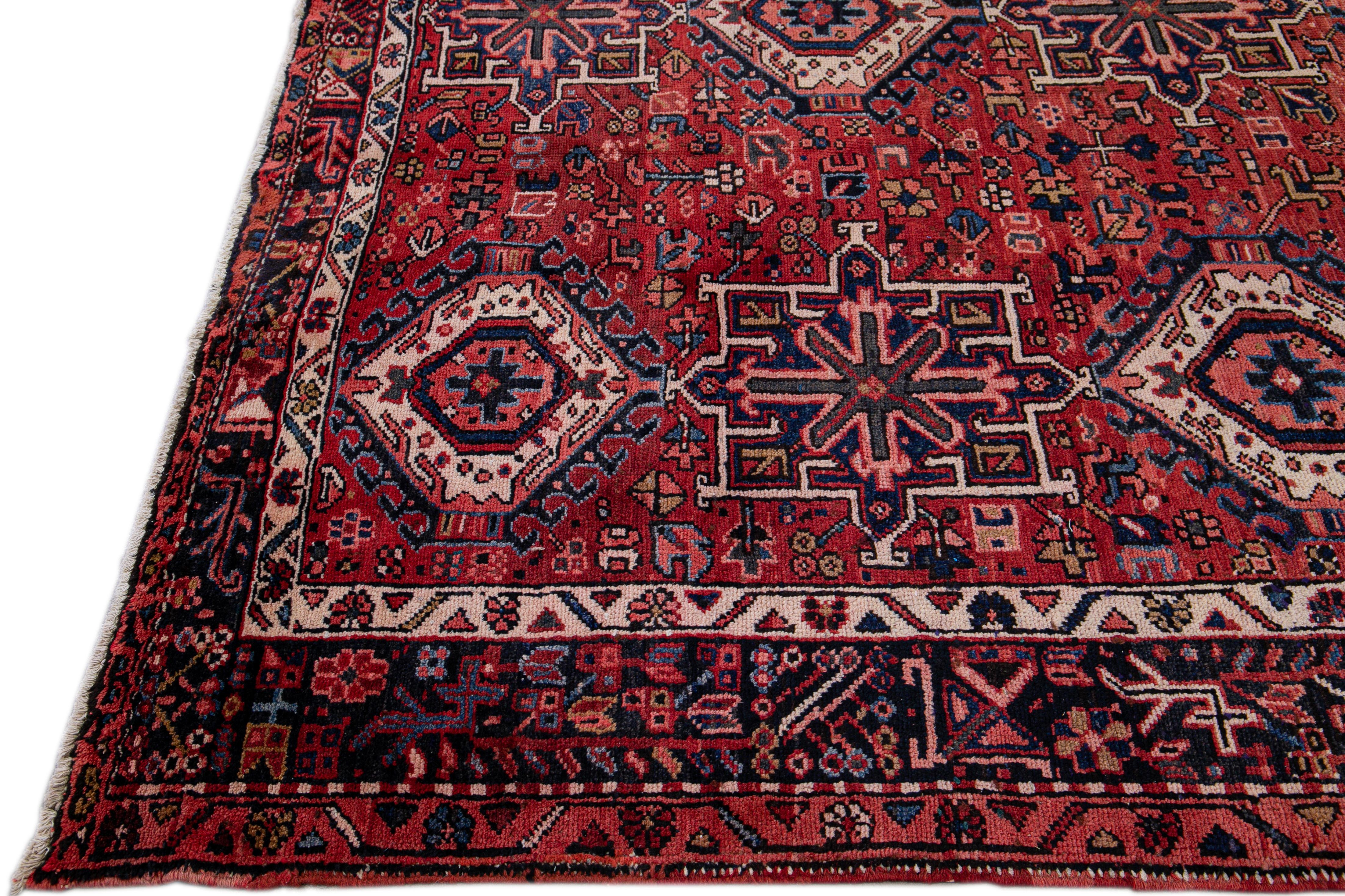 Hand-Knotted Antique Heriz Persian Handmade Red Geometric Pattern Wool Rug For Sale