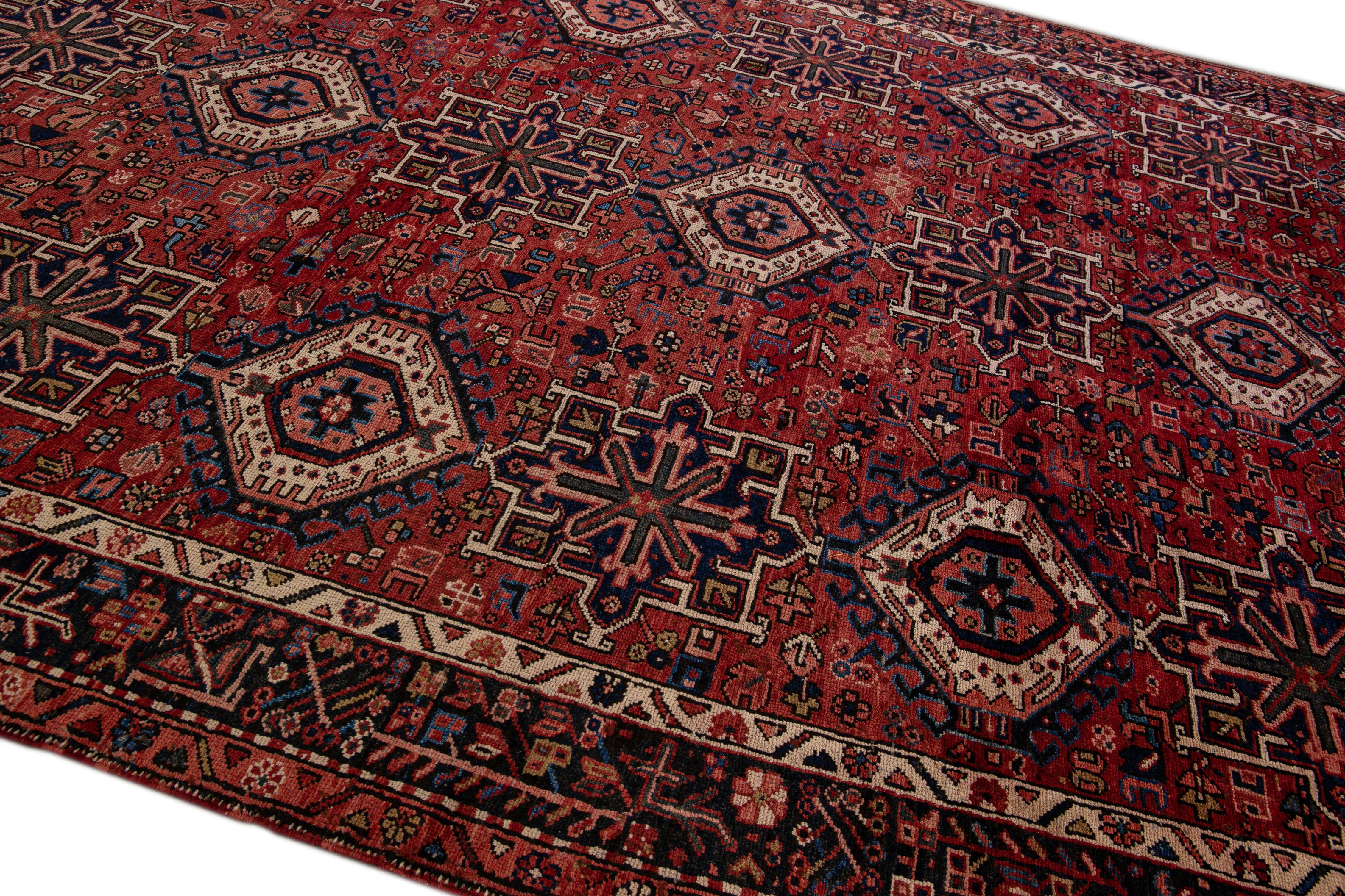 Antique Heriz Persian Handmade Red Geometric Pattern Wool Rug In Excellent Condition For Sale In Norwalk, CT