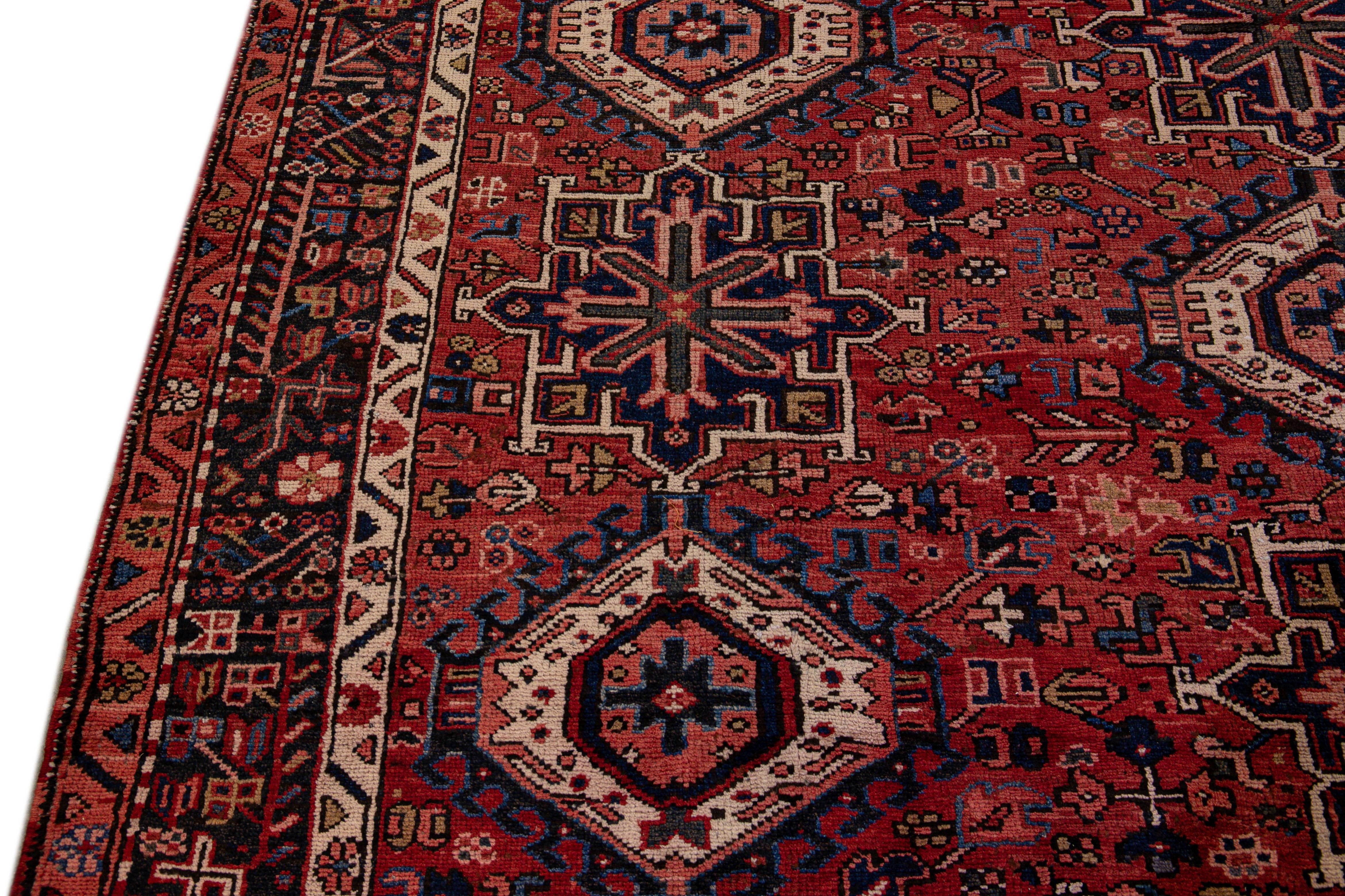 Antique Heriz Persian Handmade Red Geometric Pattern Wool Rug For Sale 1