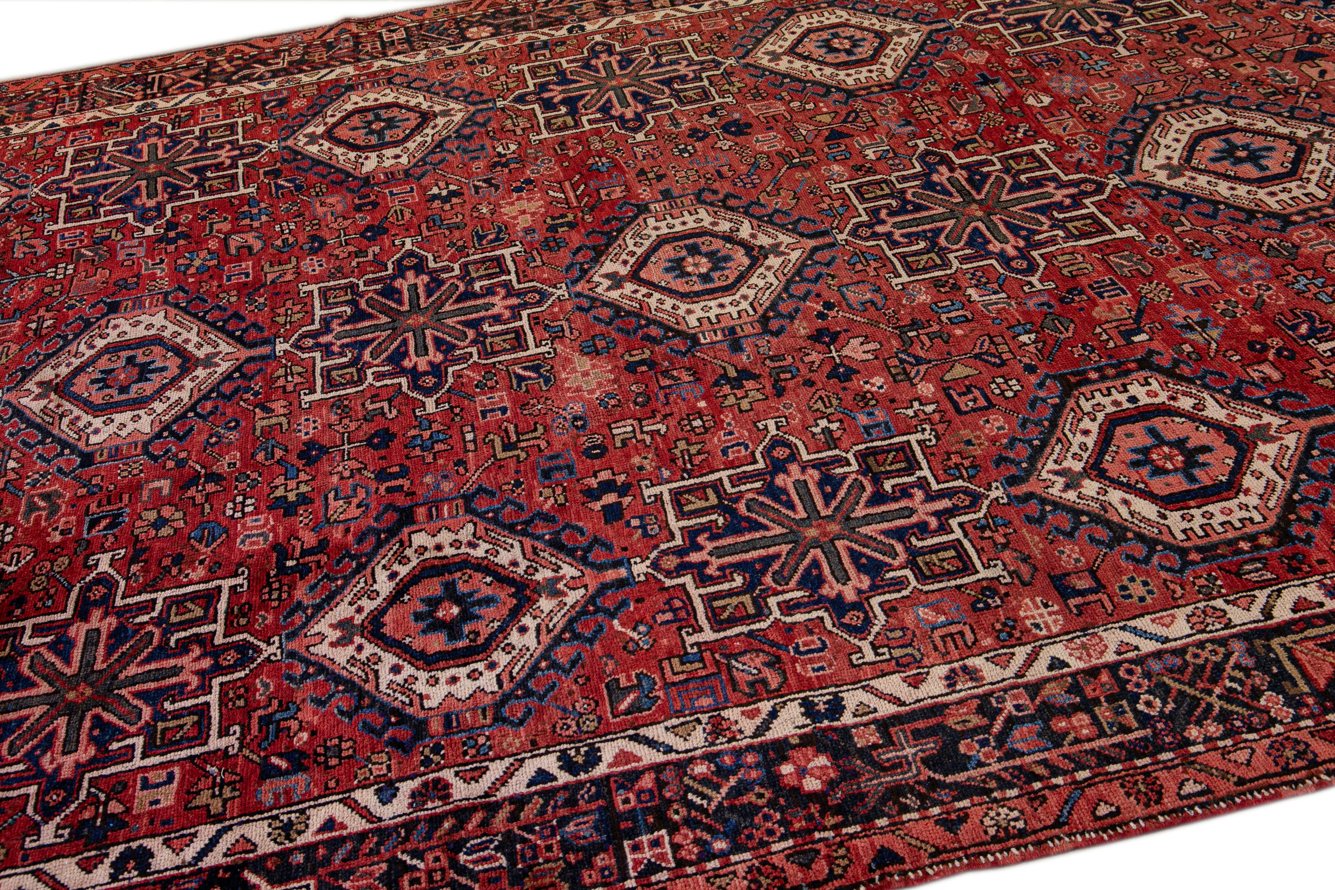 Antique Heriz Persian Handmade Red Geometric Pattern Wool Rug For Sale 2