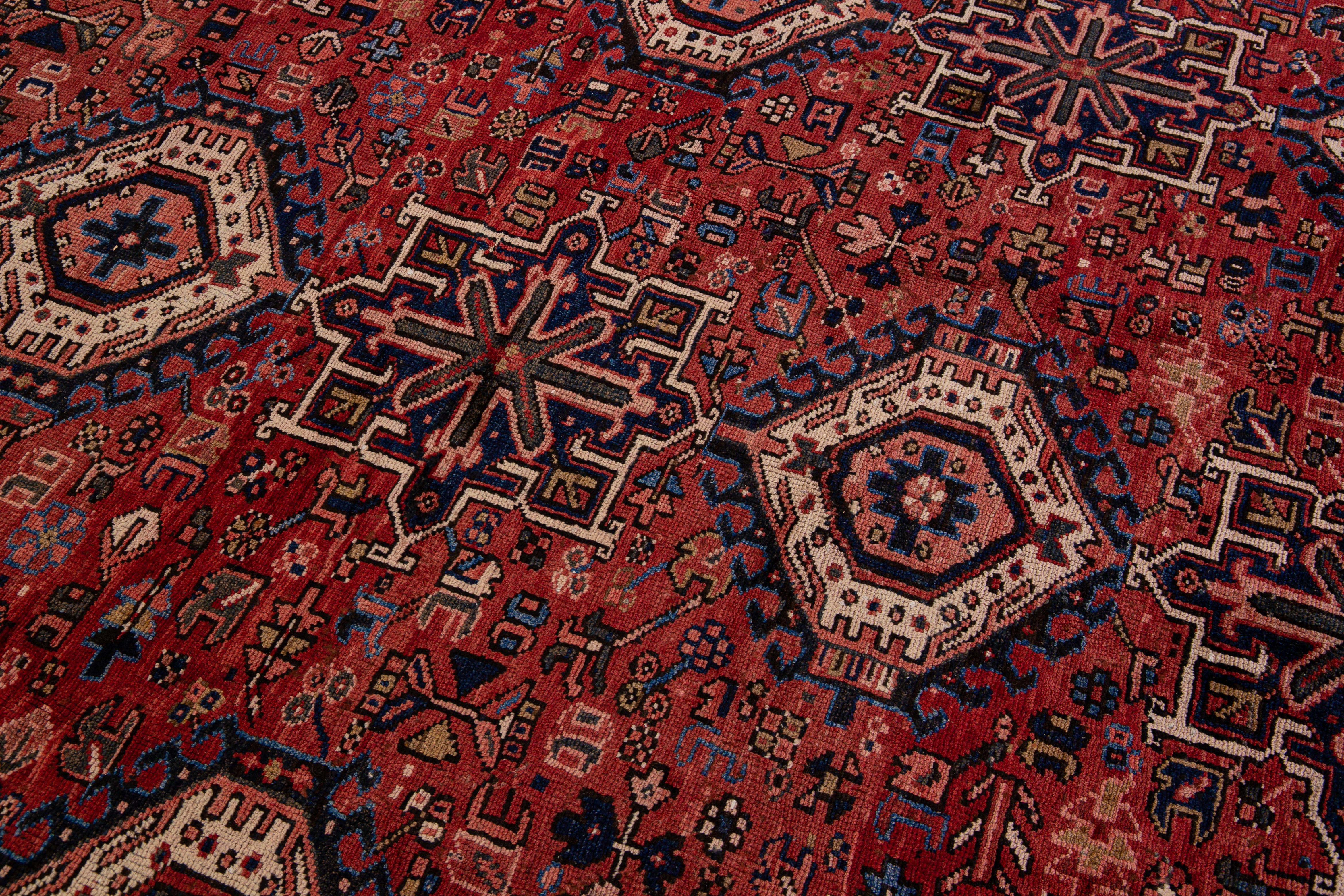 Antique Heriz Persian Handmade Red Geometric Pattern Wool Rug For Sale 3