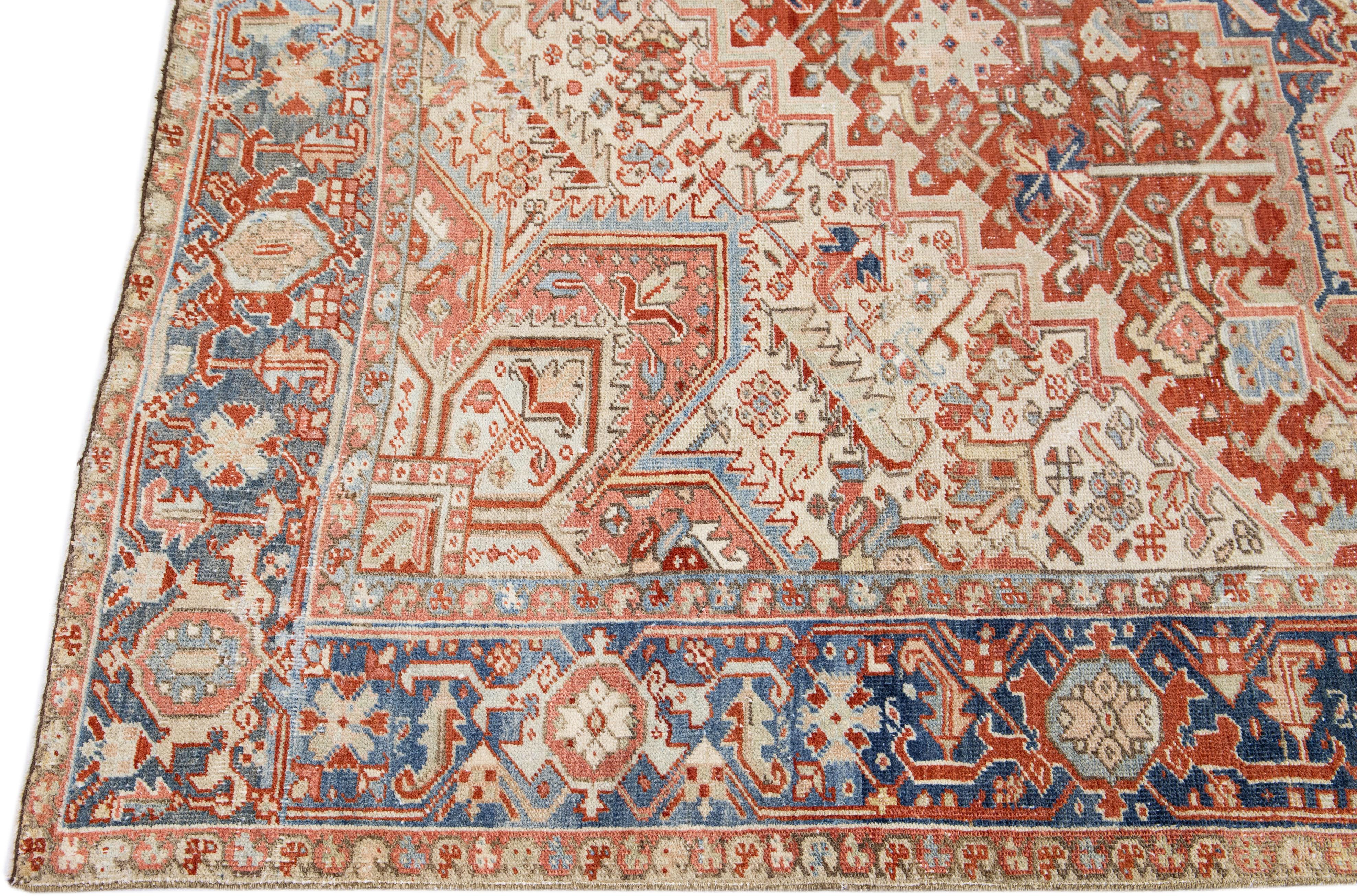 Hand-Knotted Antique Heriz Persian Handmade Rust Designed Wool Rug For Sale