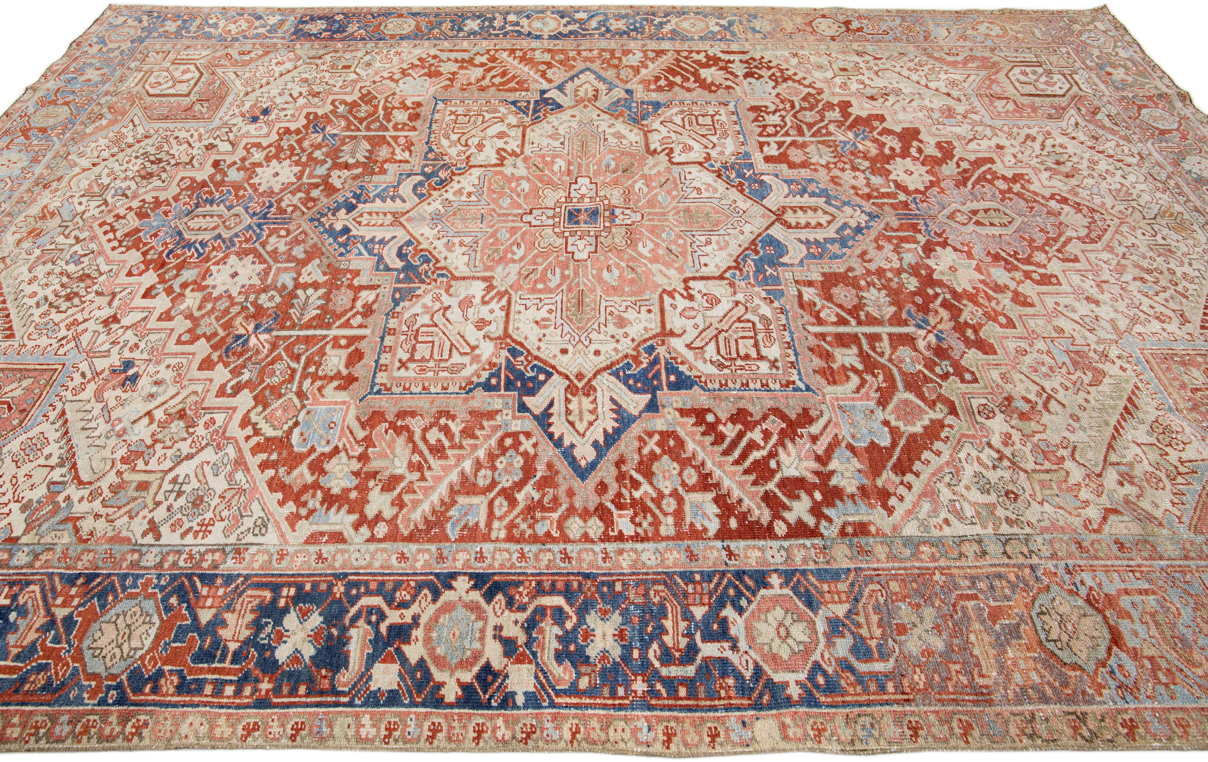 Antique Heriz Persian Handmade Rust Designed Wool Rug In Good Condition For Sale In Norwalk, CT