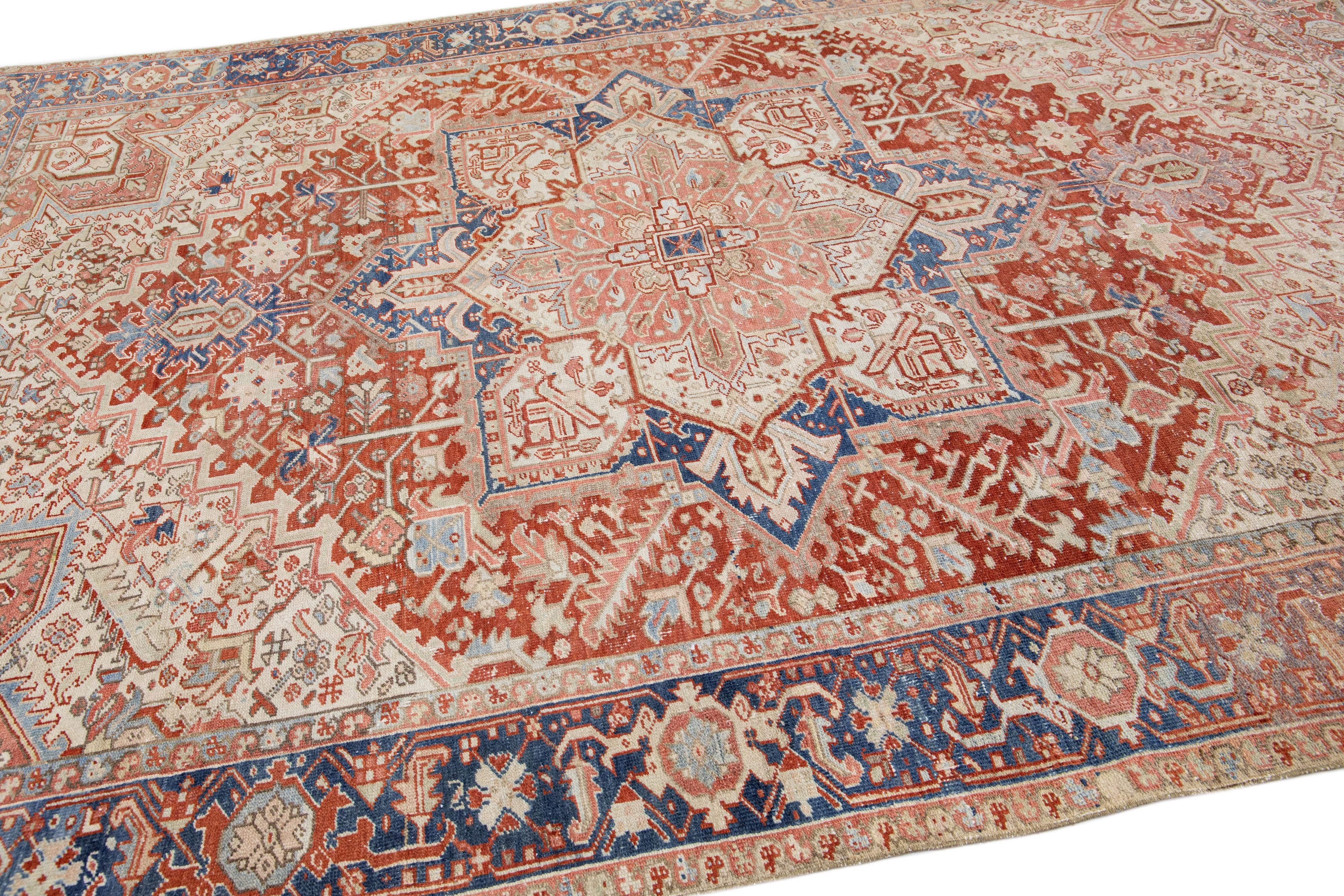 20th Century Antique Heriz Persian Handmade Rust Designed Wool Rug For Sale