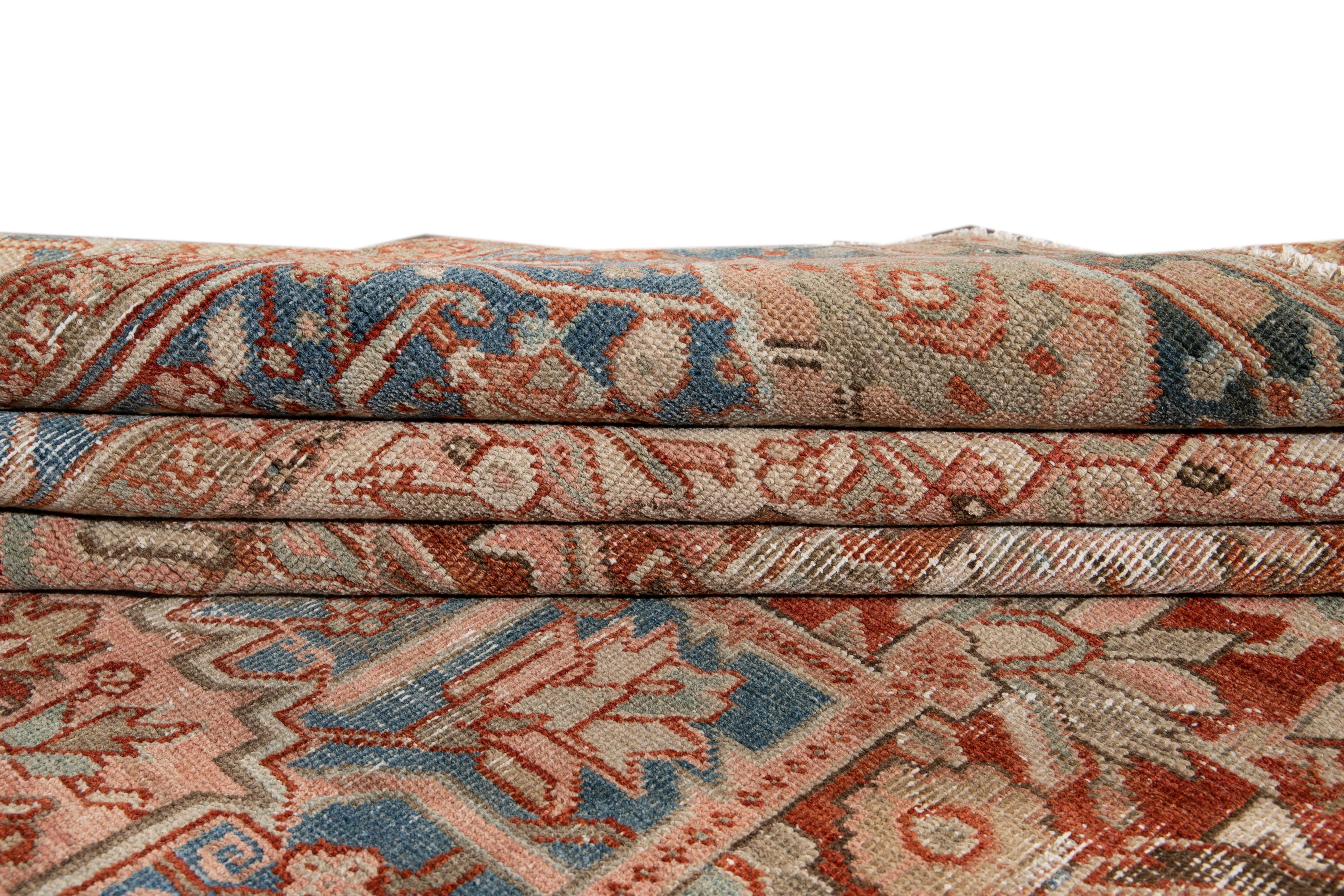 Antique Heriz Persian Handmade Rust Wool Rug with Medallion Design For Sale 4