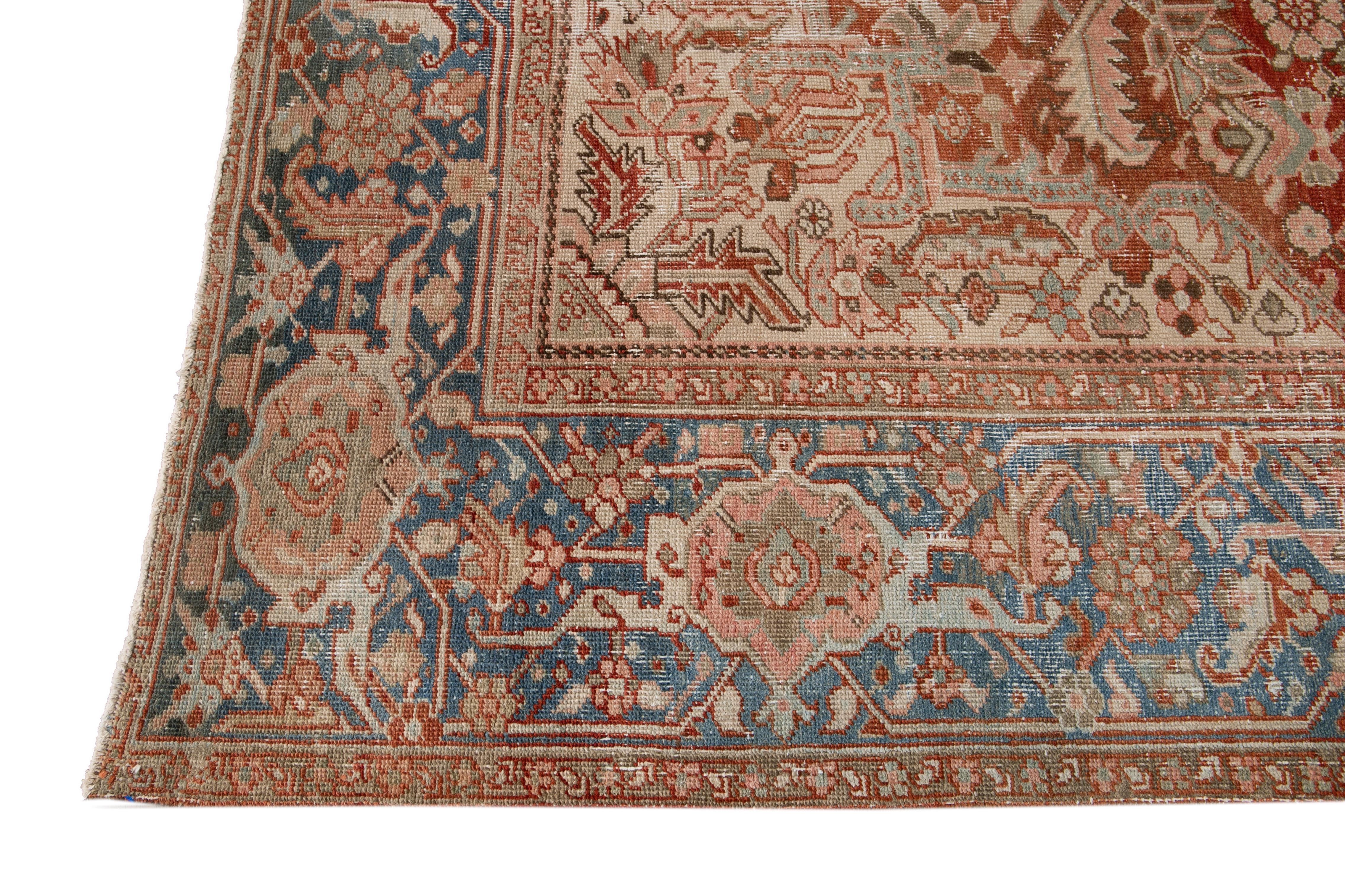 Hand-Knotted Antique Heriz Persian Handmade Rust Wool Rug with Medallion Design For Sale