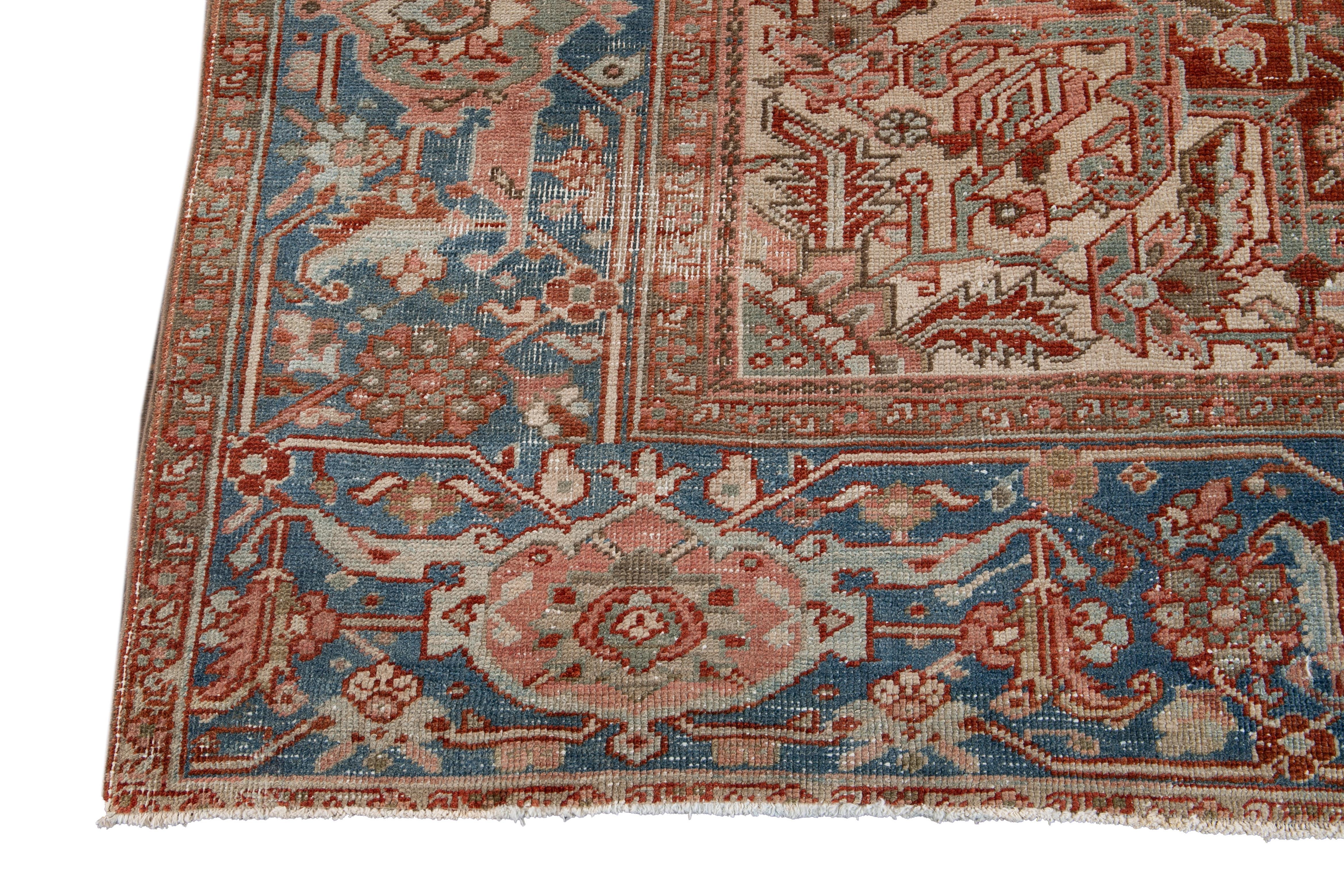 Antique Heriz Persian Handmade Rust Wool Rug with Medallion Design For Sale 1