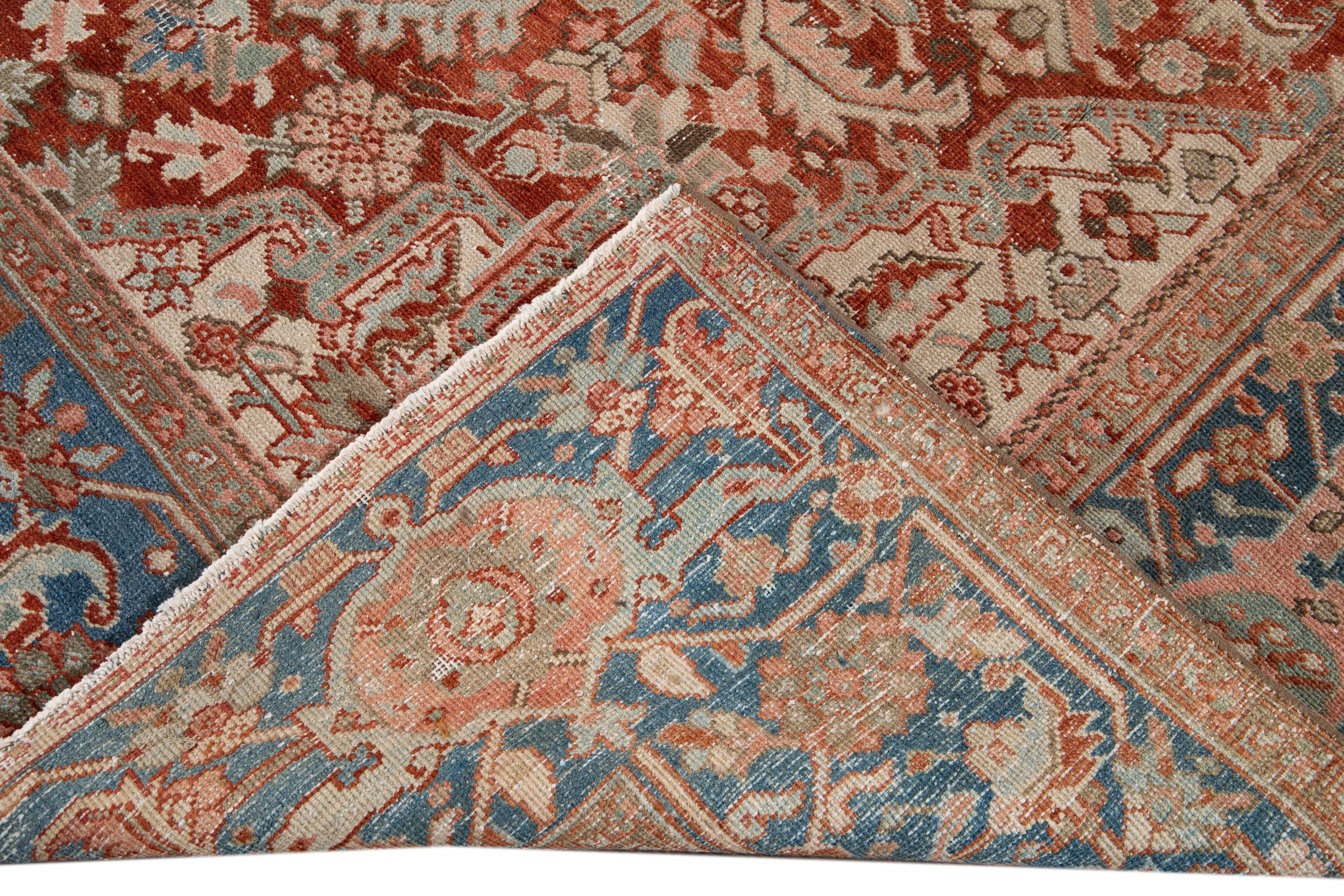 Antique Heriz Persian Handmade Rust Wool Rug with Medallion Design For Sale 3