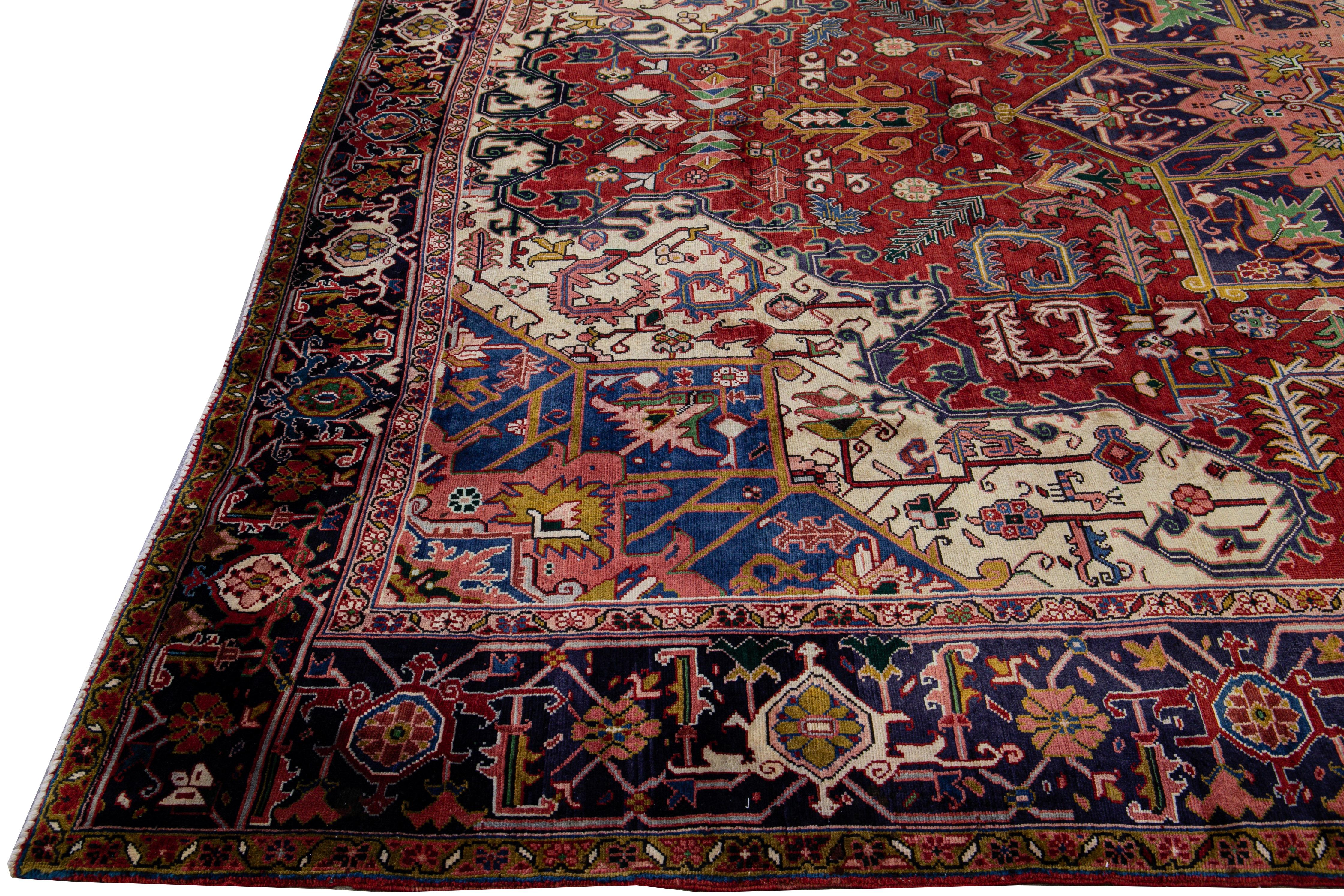 Hand-Knotted Antique Heriz Persian Red Handmade Medallion Designed Wool Rug For Sale