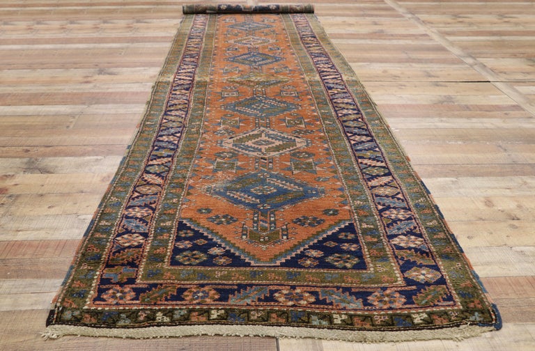 Wool Antique Heriz Persian Runner with Modern Tribal Style For Sale
