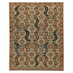 Antique Heriz Persian Wool Rug In Blue with Geometric Medallions Design