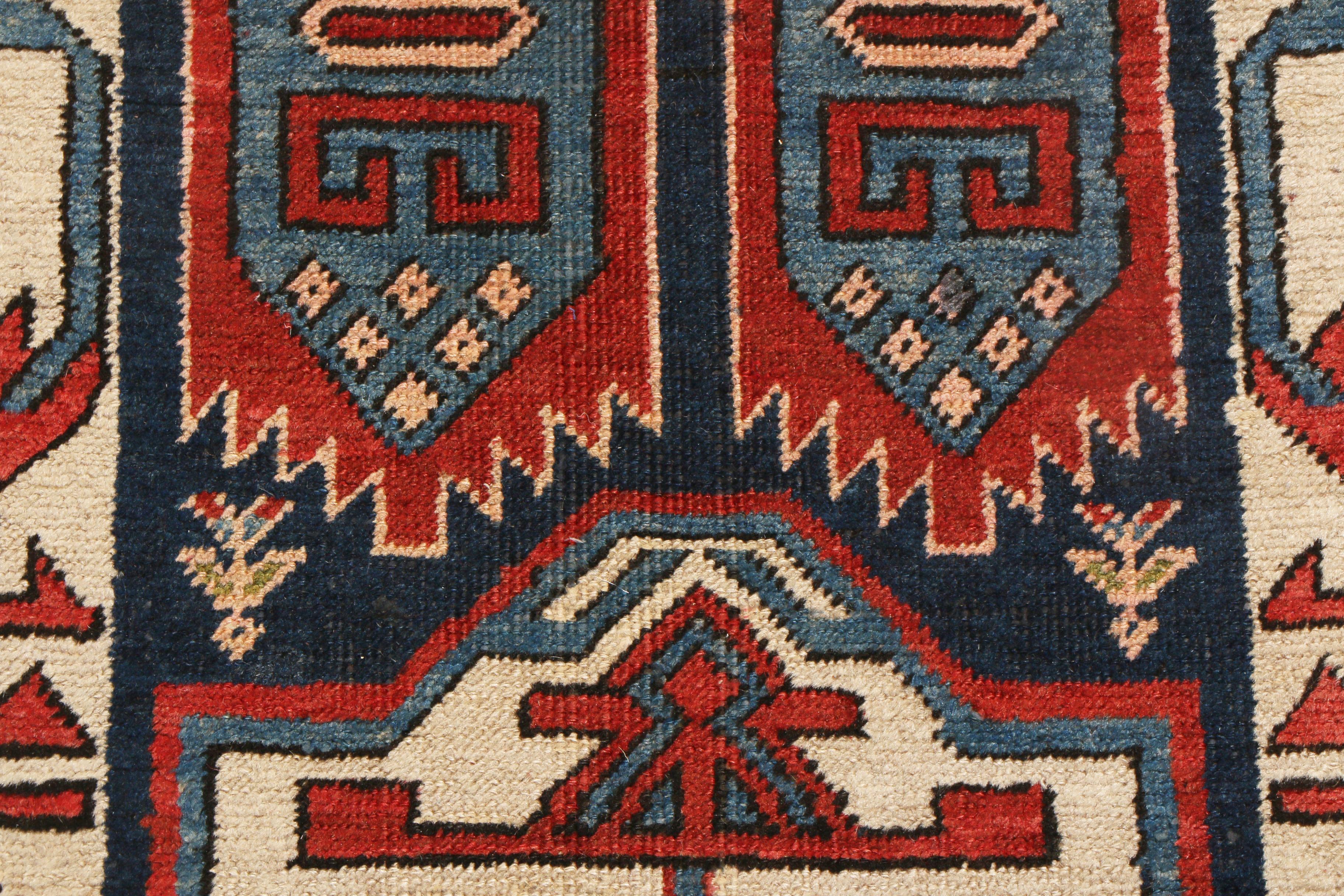 Hand-Knotted Antique Heriz Red and Blue Geometric Persian Wool Runner by Rug & Kilim For Sale