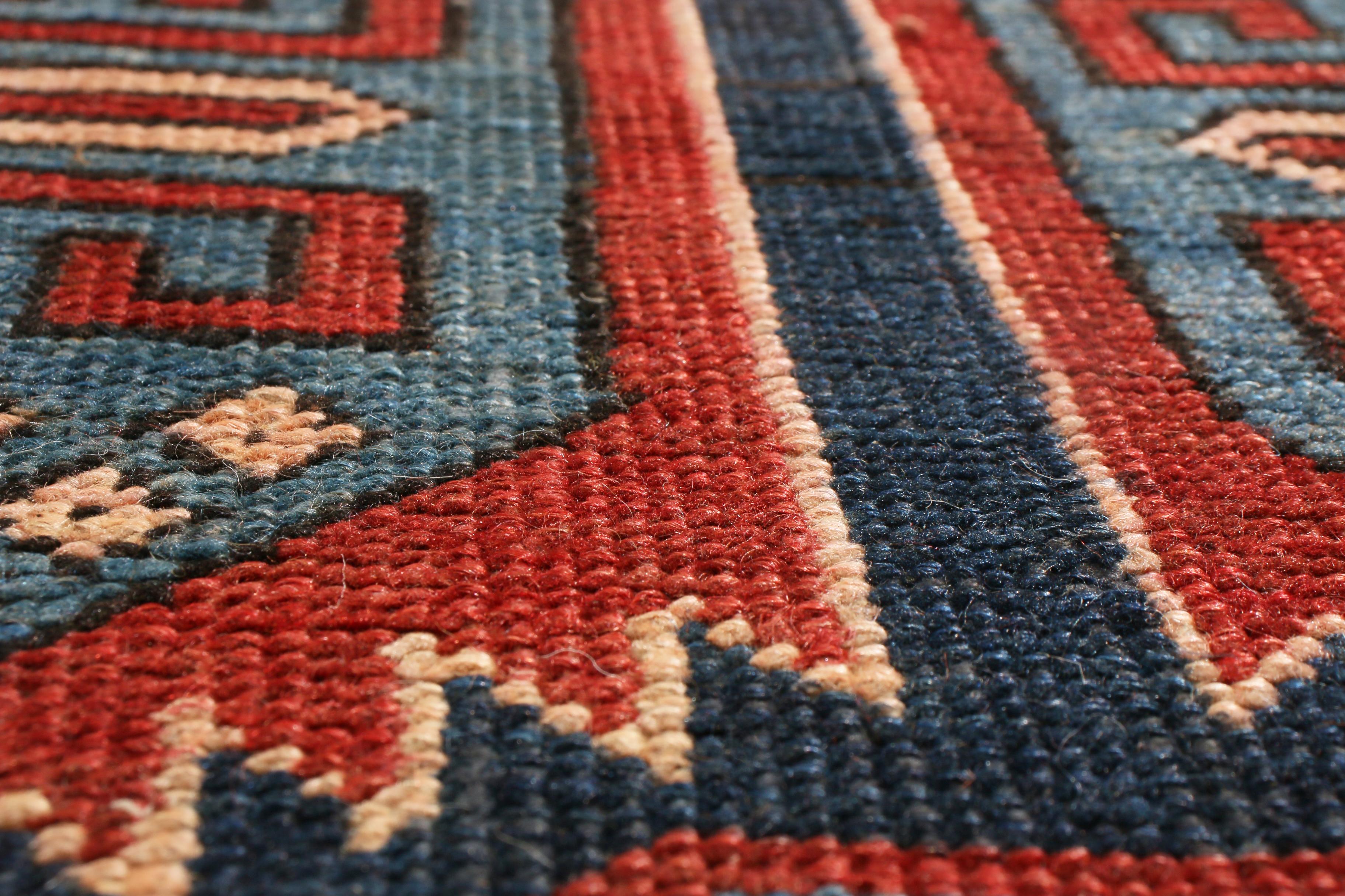 Antique Heriz Red and Blue Geometric Persian Wool Runner by Rug & Kilim In Good Condition For Sale In Long Island City, NY