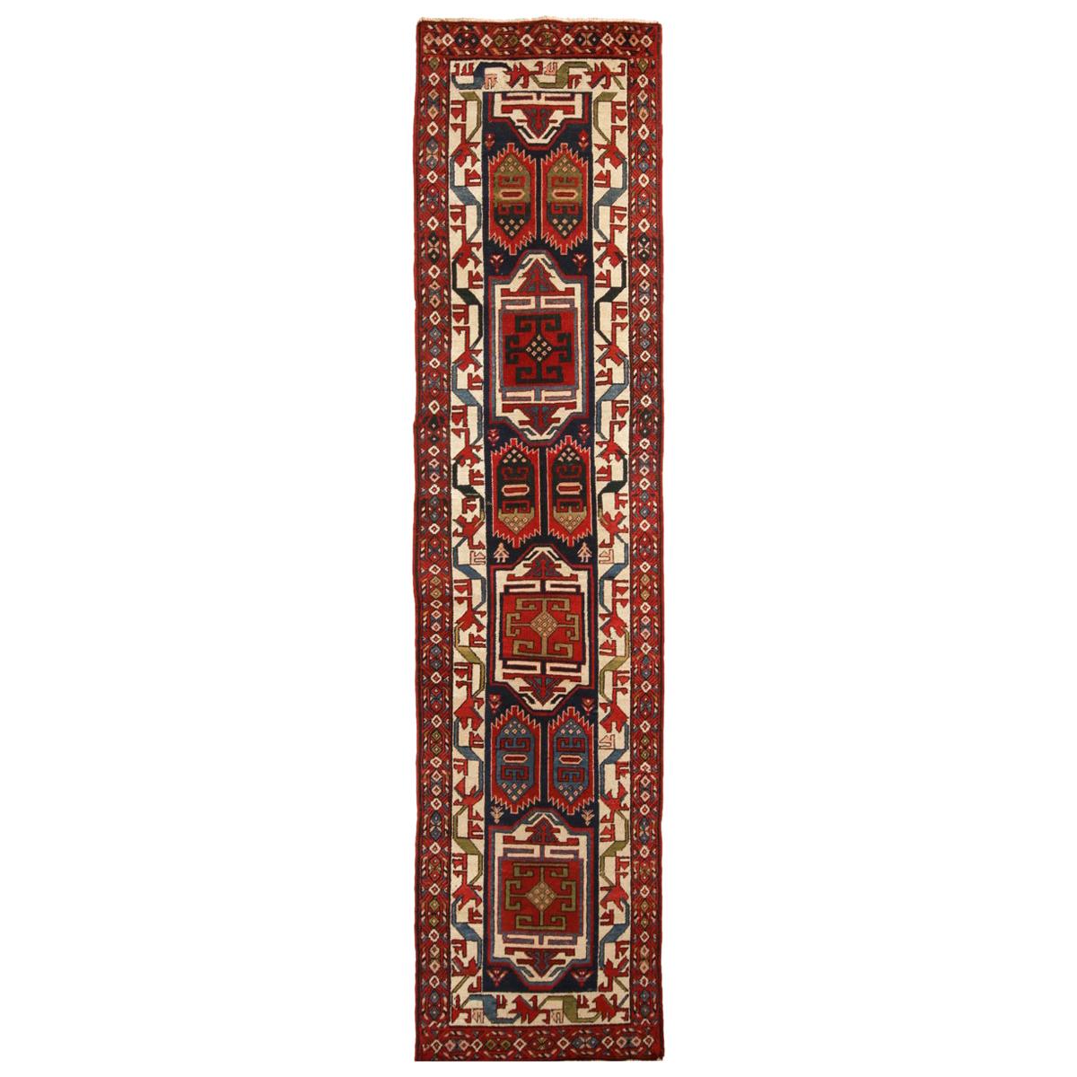 Antique Heriz Red and Blue Geometric Persian Wool Runner by Rug & Kilim For Sale