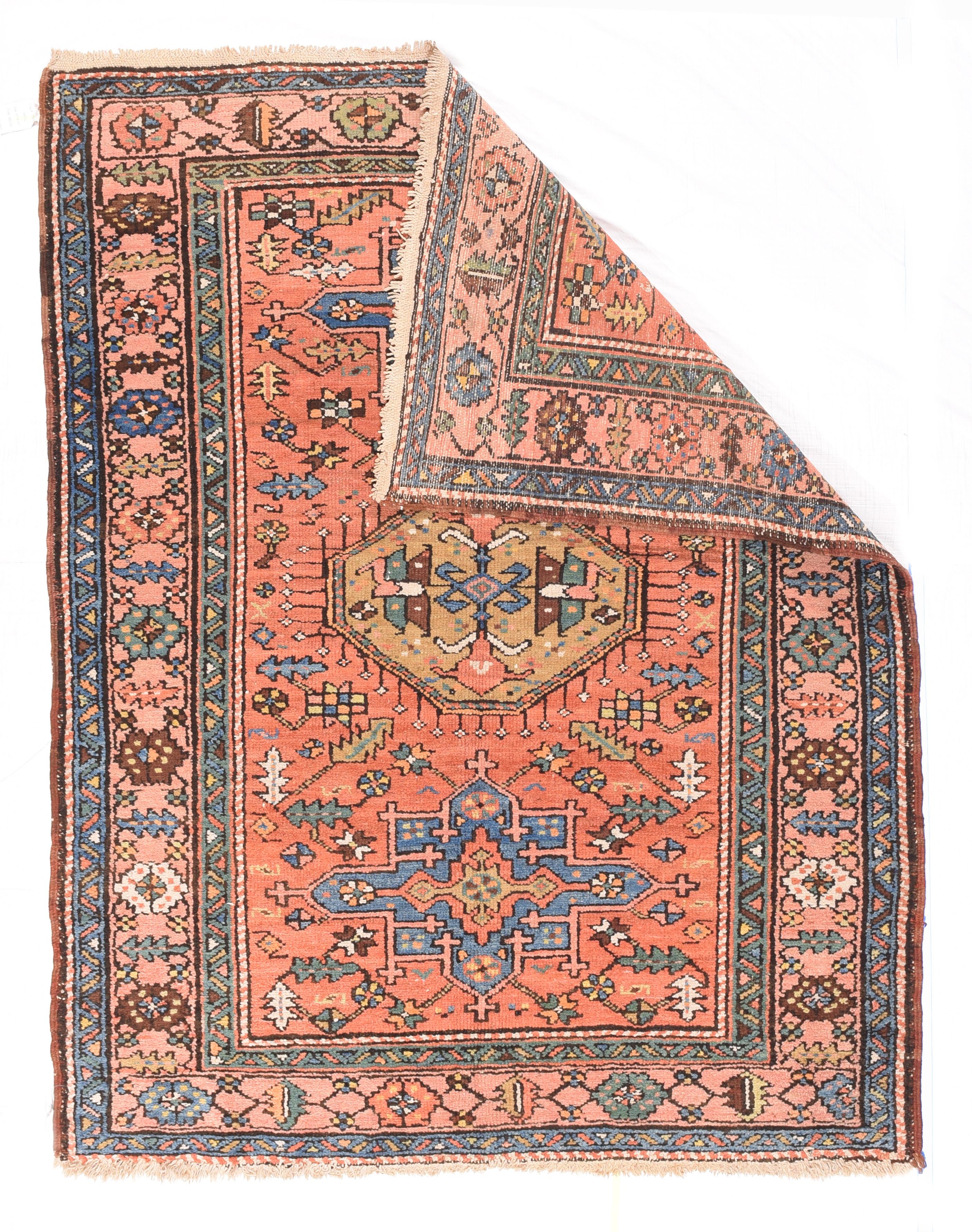 Antique Heriz Rug 4'7'' x 6'. Characteristic Karaja medallions, square/octogrammes (in light blue) and hooked or fringed hexagons or octagons (here yellow with four radiating palmettes), it's a Karaja. The jagged leaf field infill continues into the