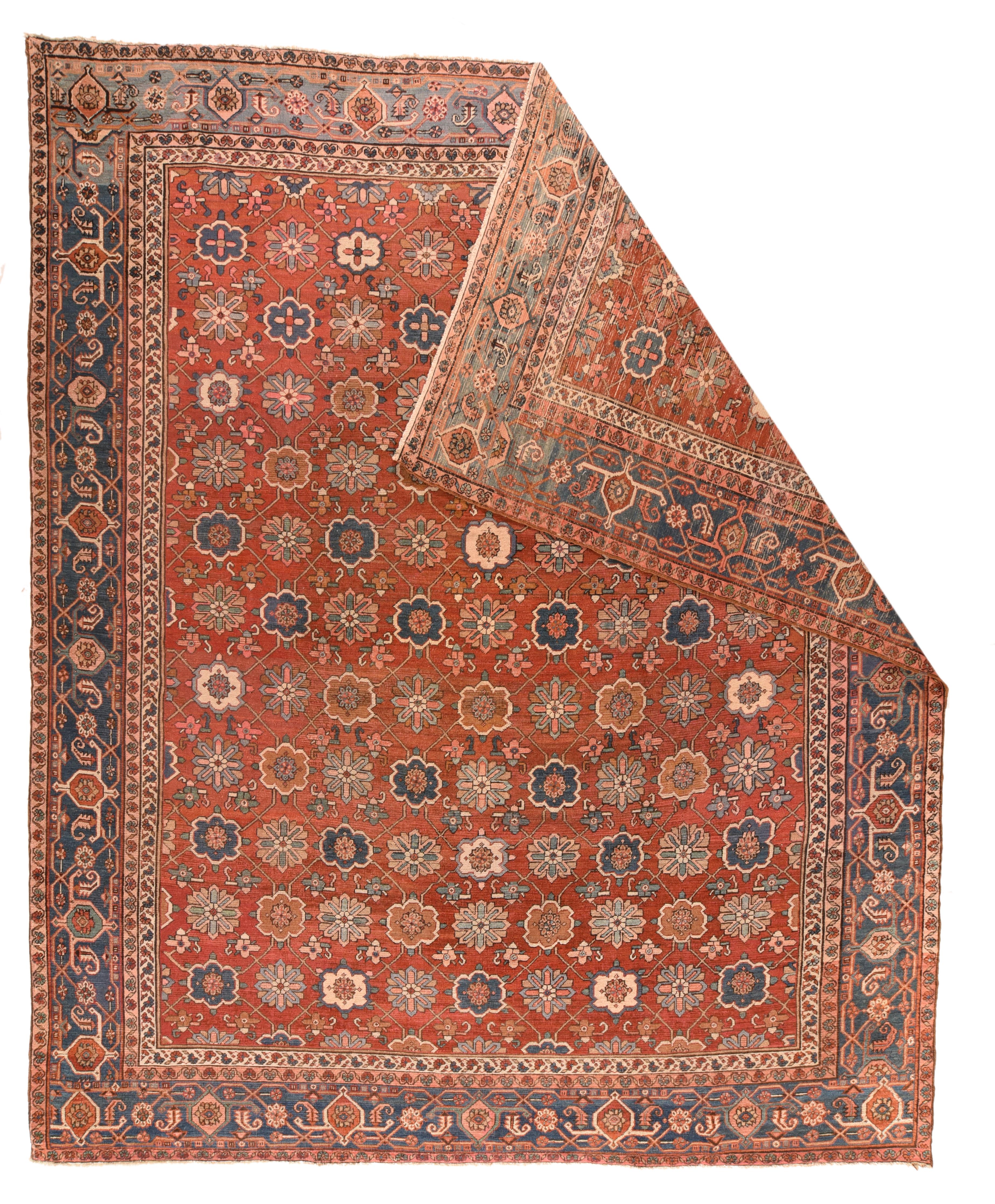 Antique Heriz rug 6'8'' x 9'4''. This attractive rustic NW Persian room size carpet displays a warm, clear madder red field supporting a version of the Mina Khani rosette trellis design., with two rosette styles, accented in light green, dark blue,