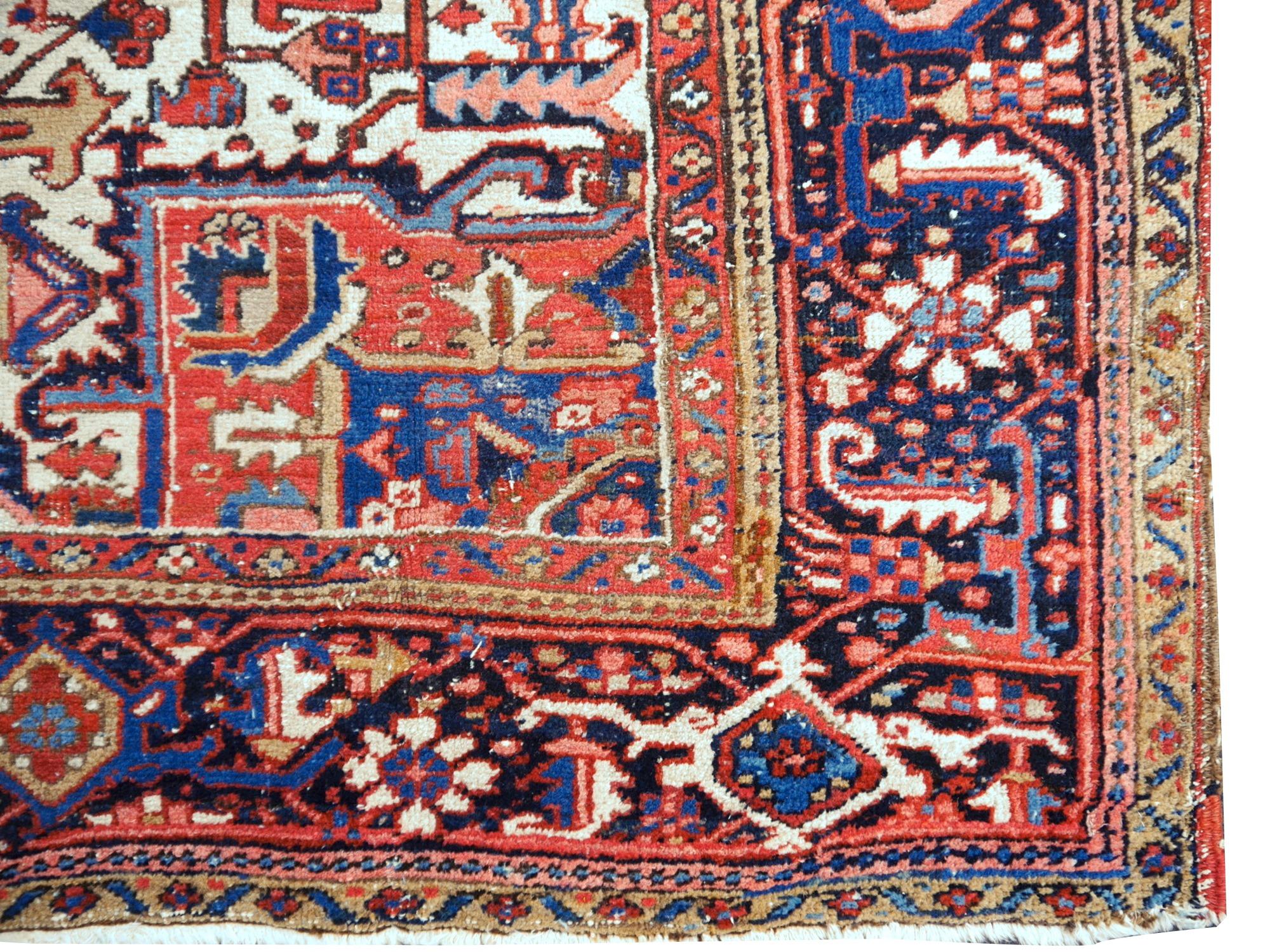Heriz Serapi Antique Heriz Rug 10x13 ft Distressed Classic Vintage Carpet worn to perfection For Sale