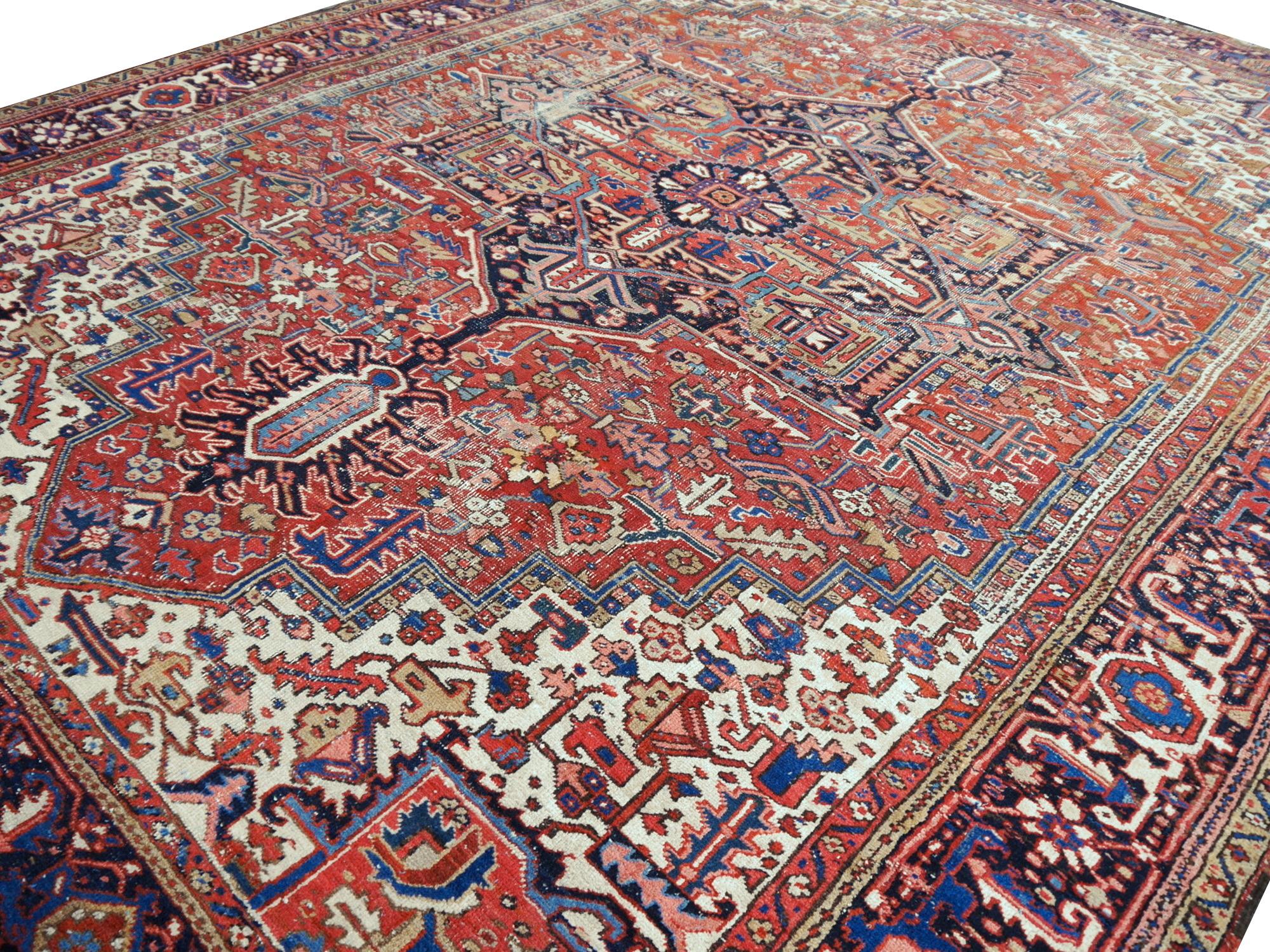 Azerbaijani Antique Heriz Rug 10x13 ft Distressed Classic Vintage Carpet worn to perfection For Sale
