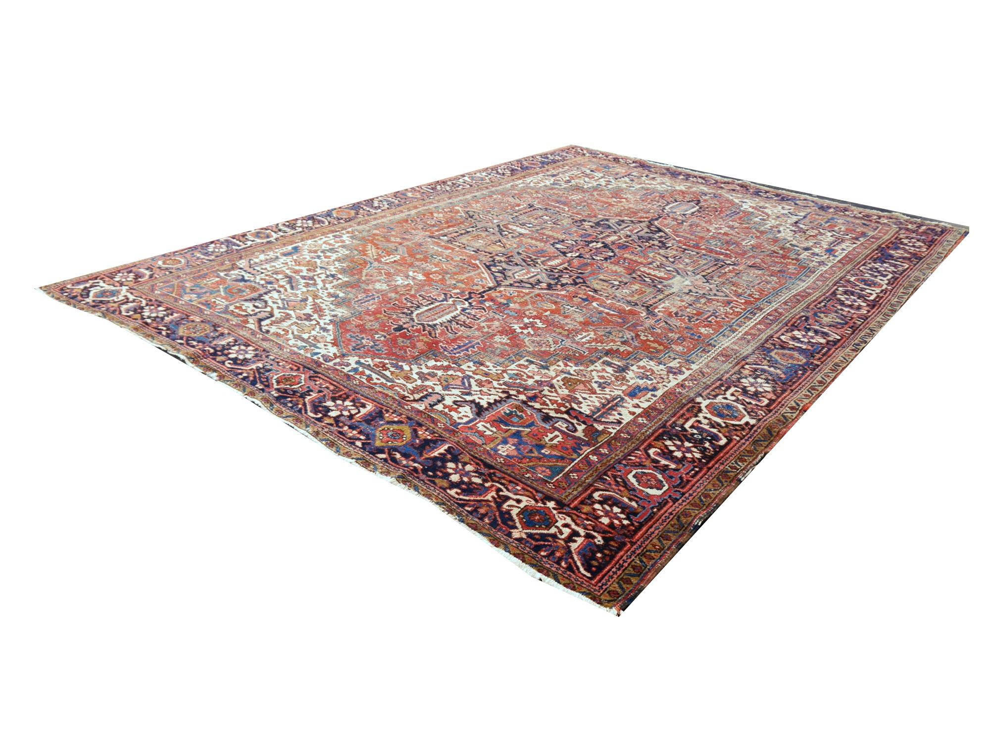 Mid-20th Century Antique Heriz Rug 10x13 ft Distressed Classic Vintage Carpet worn to perfection For Sale