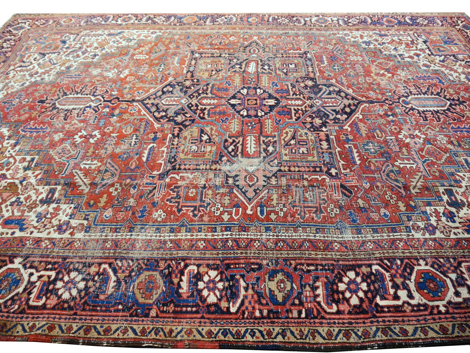 Wool Antique Heriz Rug 10x13 ft Distressed Classic Vintage Carpet worn to perfection For Sale