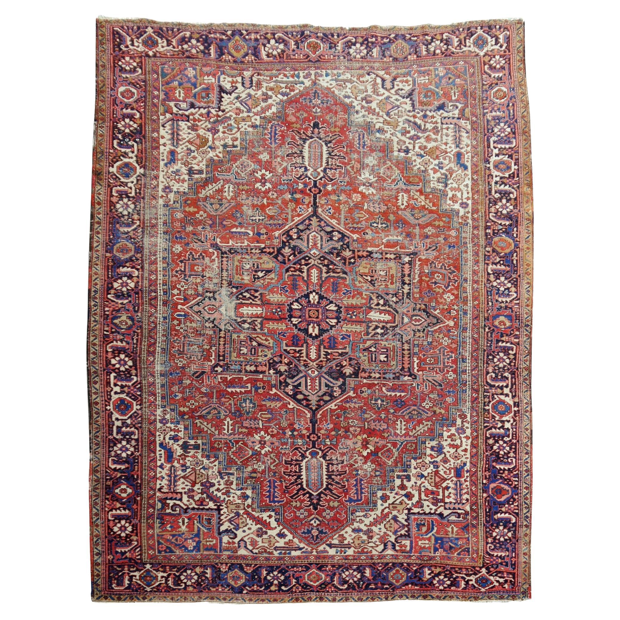 Antique Heriz Rug 10x13 ft Distressed Classic Vintage Carpet worn to perfection For Sale