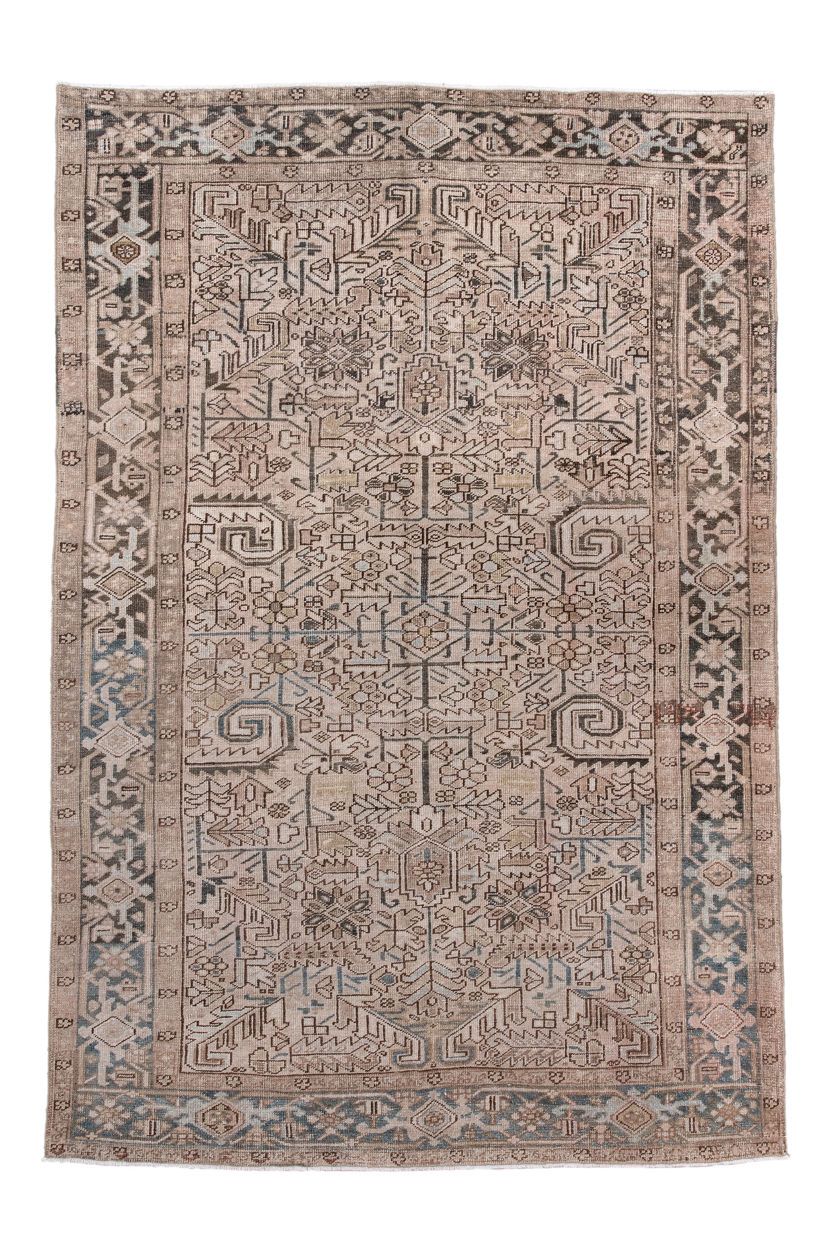 Antique Heriz Rug geometric palmette medallion in earth and slate For Sale