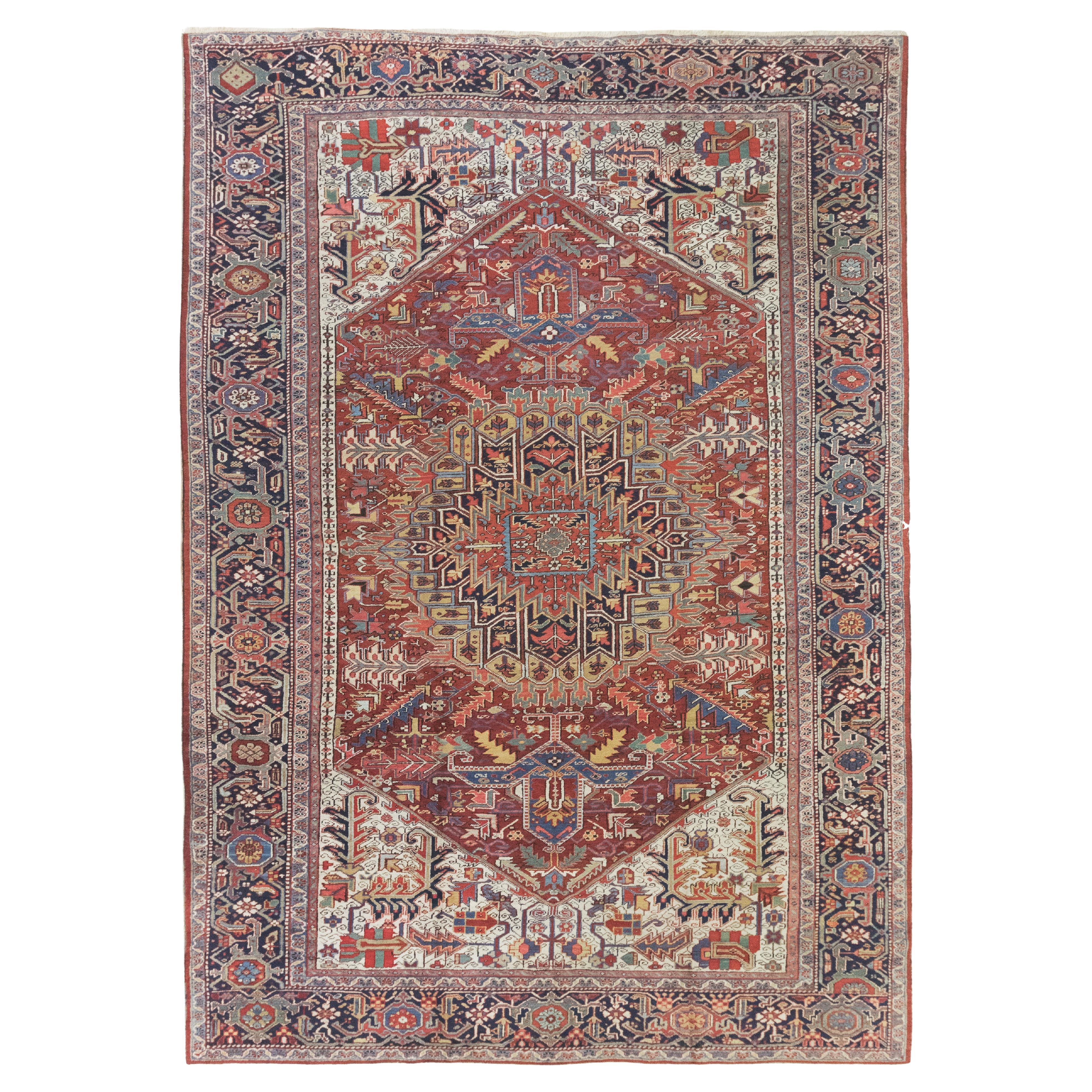 Antiker Heriz-Teppich, handgeknüpft, 15,2 × 10,8 ft- Rot, Elfenbein 
Marine