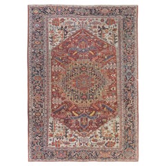 Antiker Heriz-Teppich, handgeknüpft, 15,2 × 10,8 ft- Rot, Elfenbein 
Marine