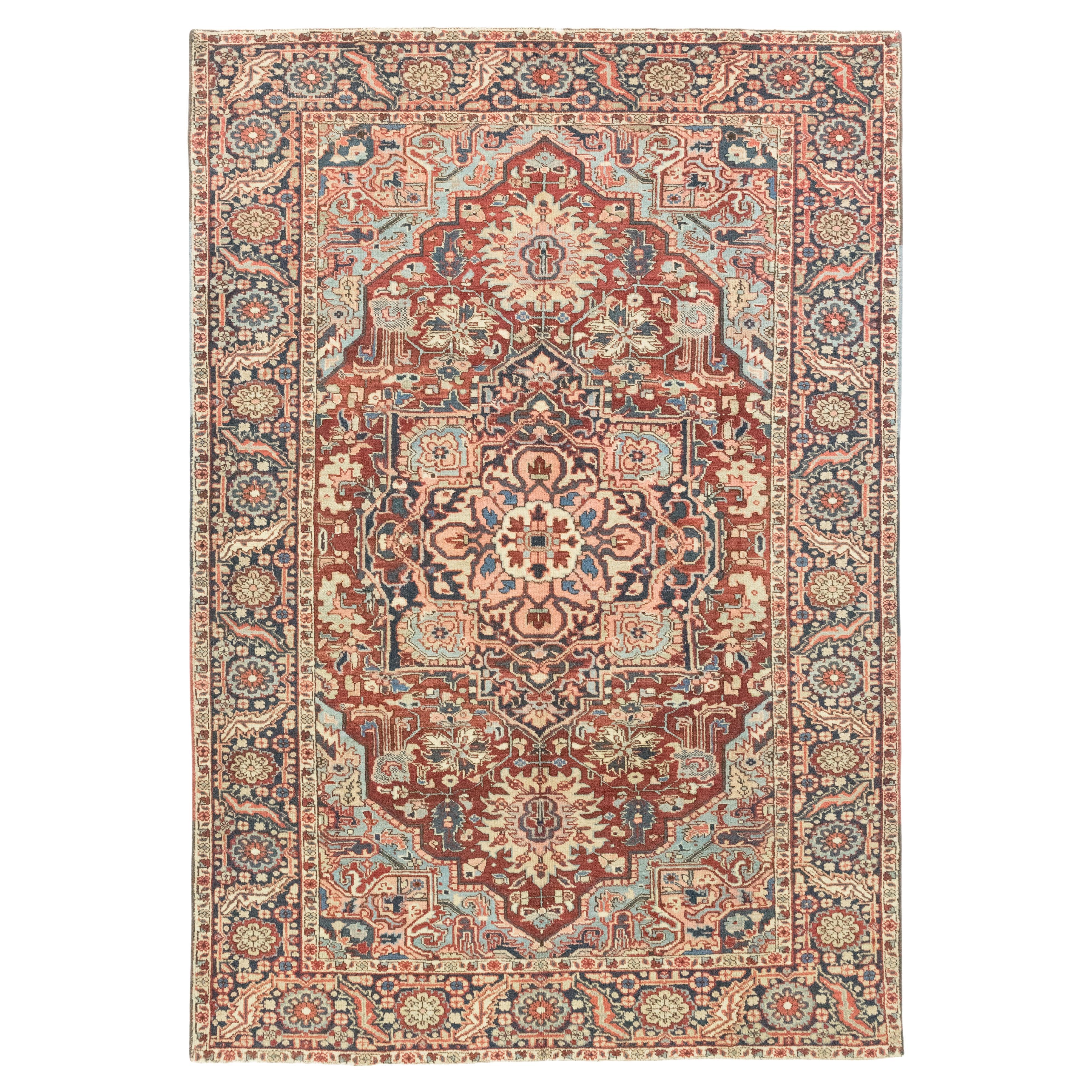 Antique Heriz Rug, Hand Knotted, 9.0 × 6.2 ft – Red, Navy Blue and Ivory