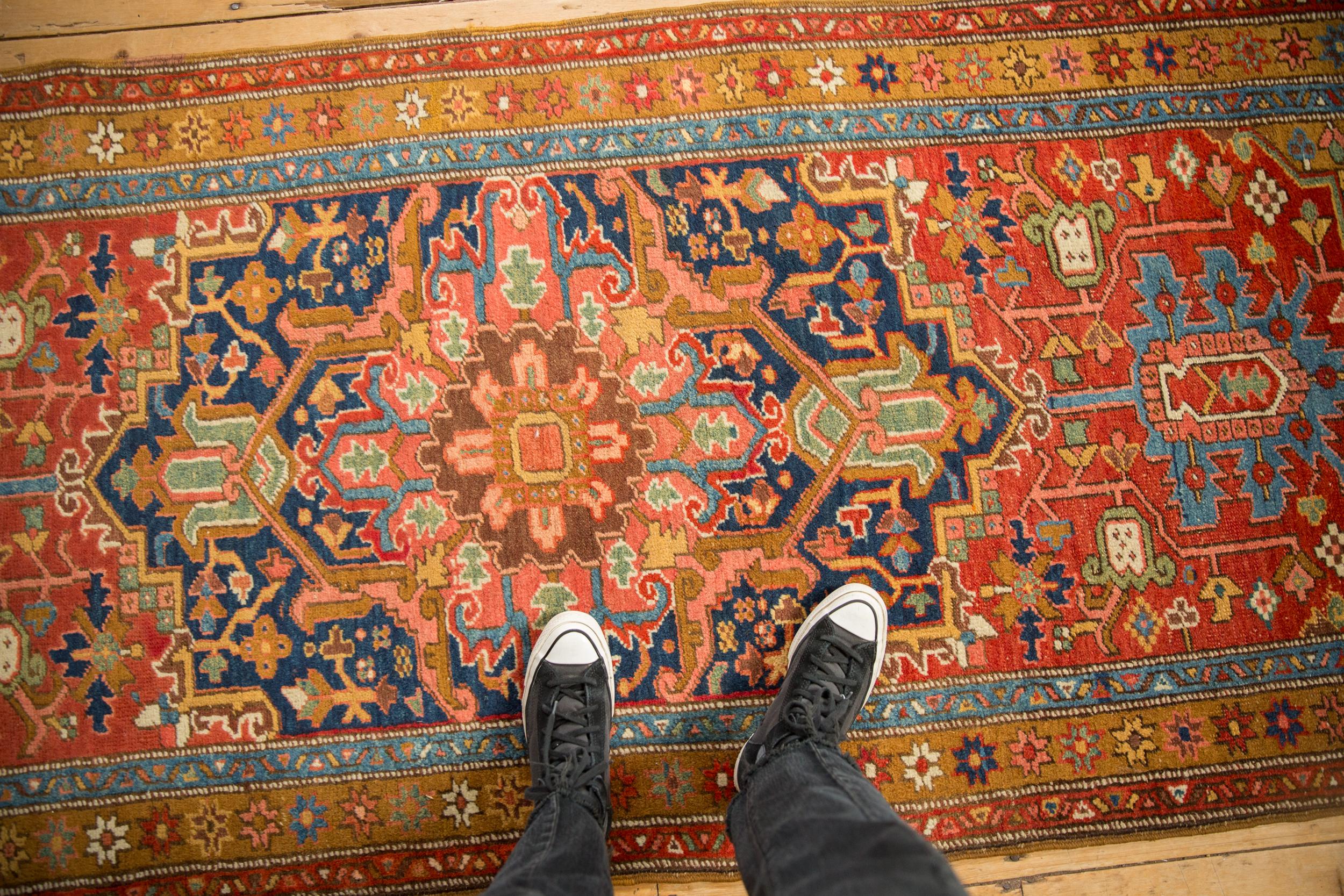 :: Unusual scale and proportions for the type and age. A Heriz area / Lanbaran rug in runner size proportions and full scale room size main medallion, palmettes, and corner spandrels. Fantastic abrashes in the light blue and medium blue shades with