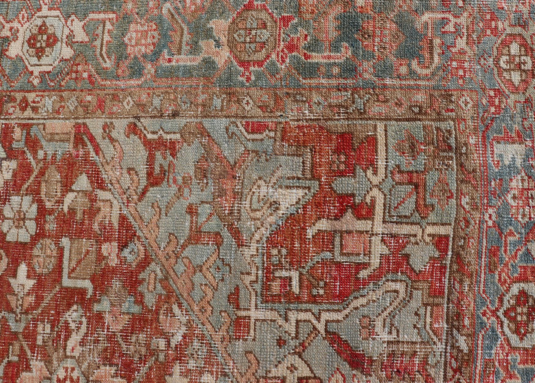 Antique Heriz Rug with All-Over Medallion Design in Red, Blue, Pink, Tan & Brown For Sale 3