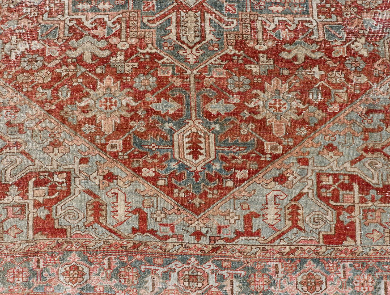 Antique Heriz Rug with All-Over Medallion Design in Red, Blue, Pink, Tan & Brown For Sale 5