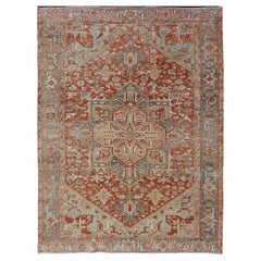 Antique Heriz Rug with All-Over Medallion Design in Red, Blue, Pink, Tan & Brown