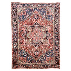 Antique Heriz Rug with Deep Denim Corners, c. 1930's