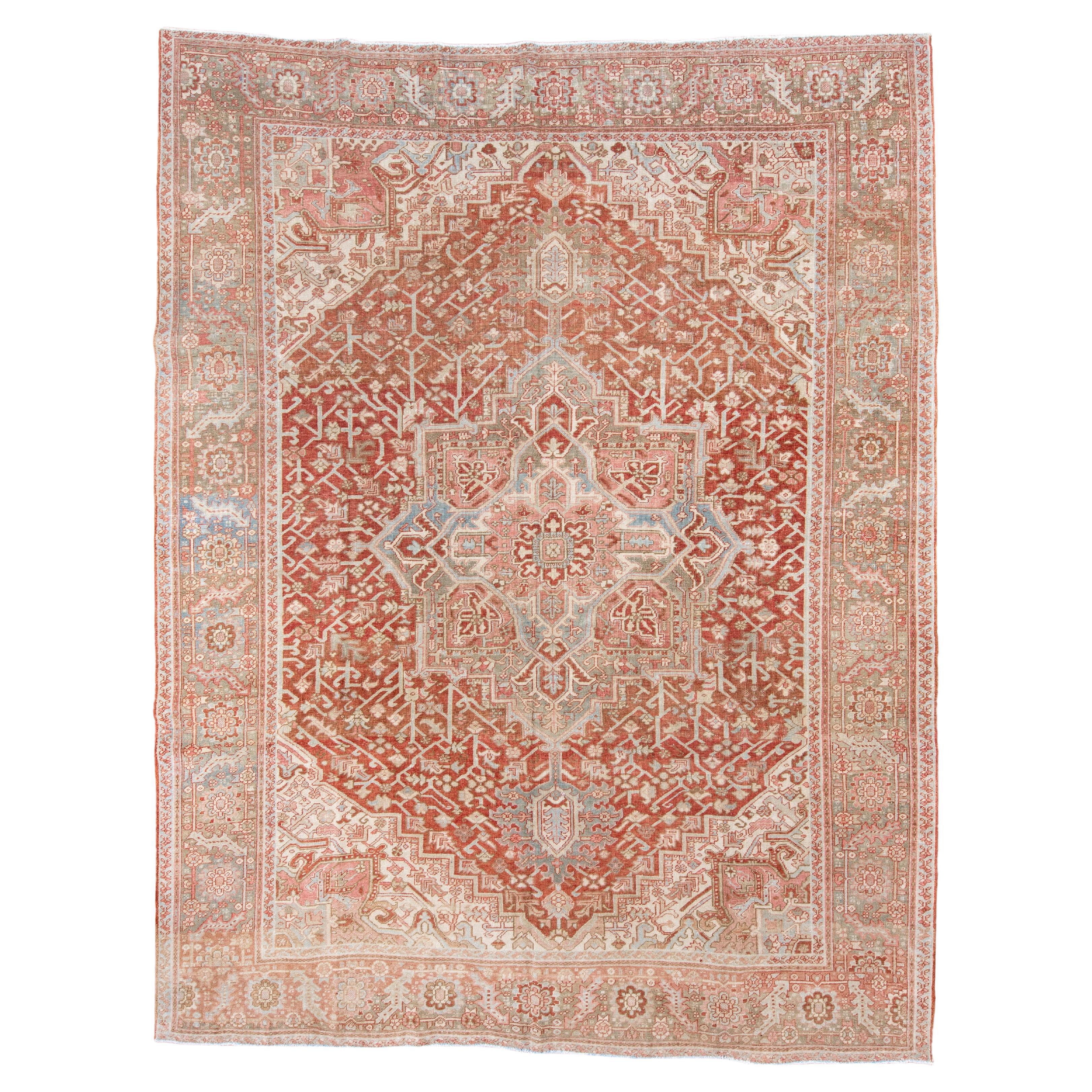 Antique Heriz Rug with Large Geometric Medallion in Soft Coral 
Stone Blue