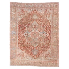 Antique Heriz Rug with Large Geometric Medallion in Soft Coral 
Stone Blue
