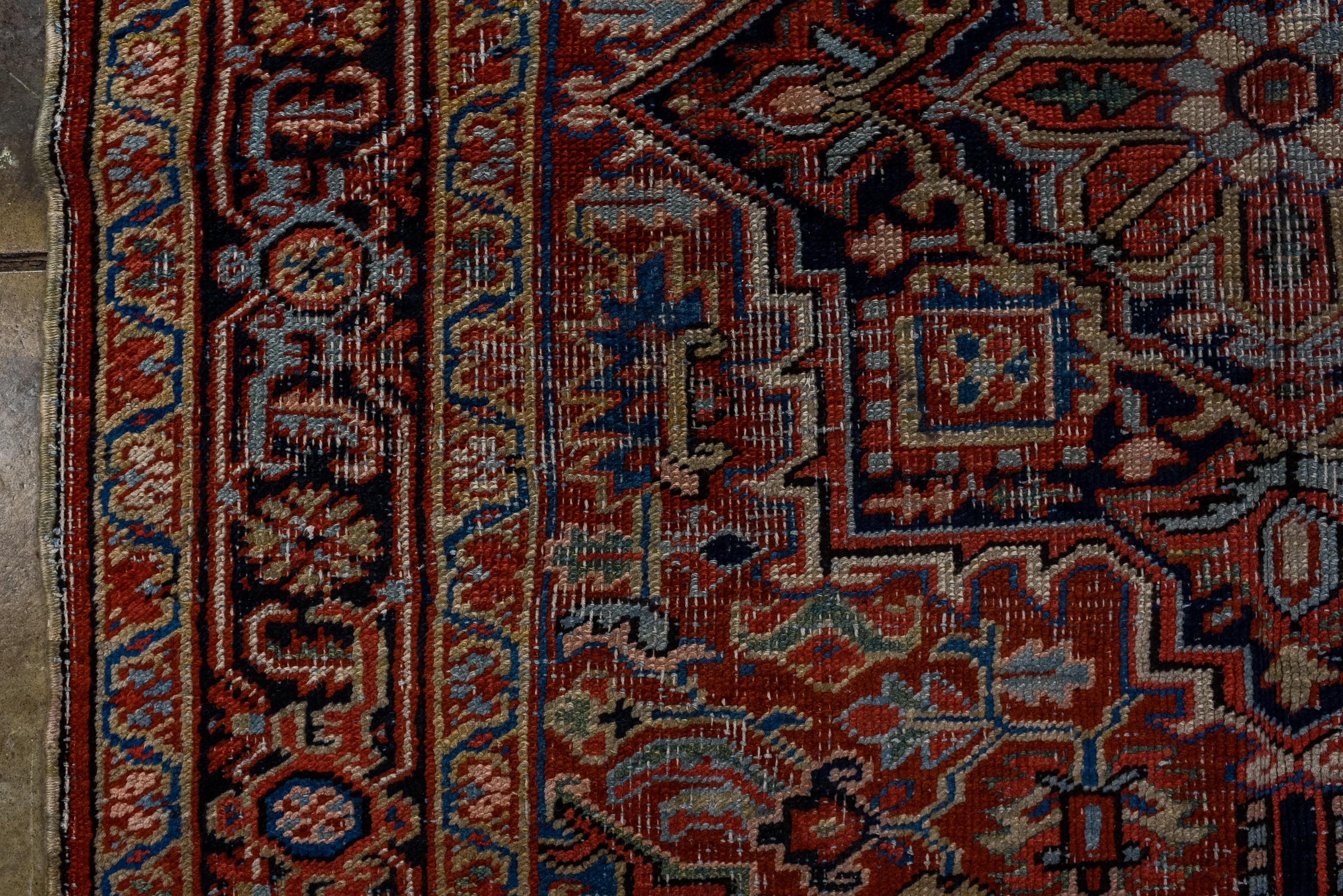 Antique Heriz Rug with Red Field and blue Medallion  In Fair Condition For Sale In New York, NY