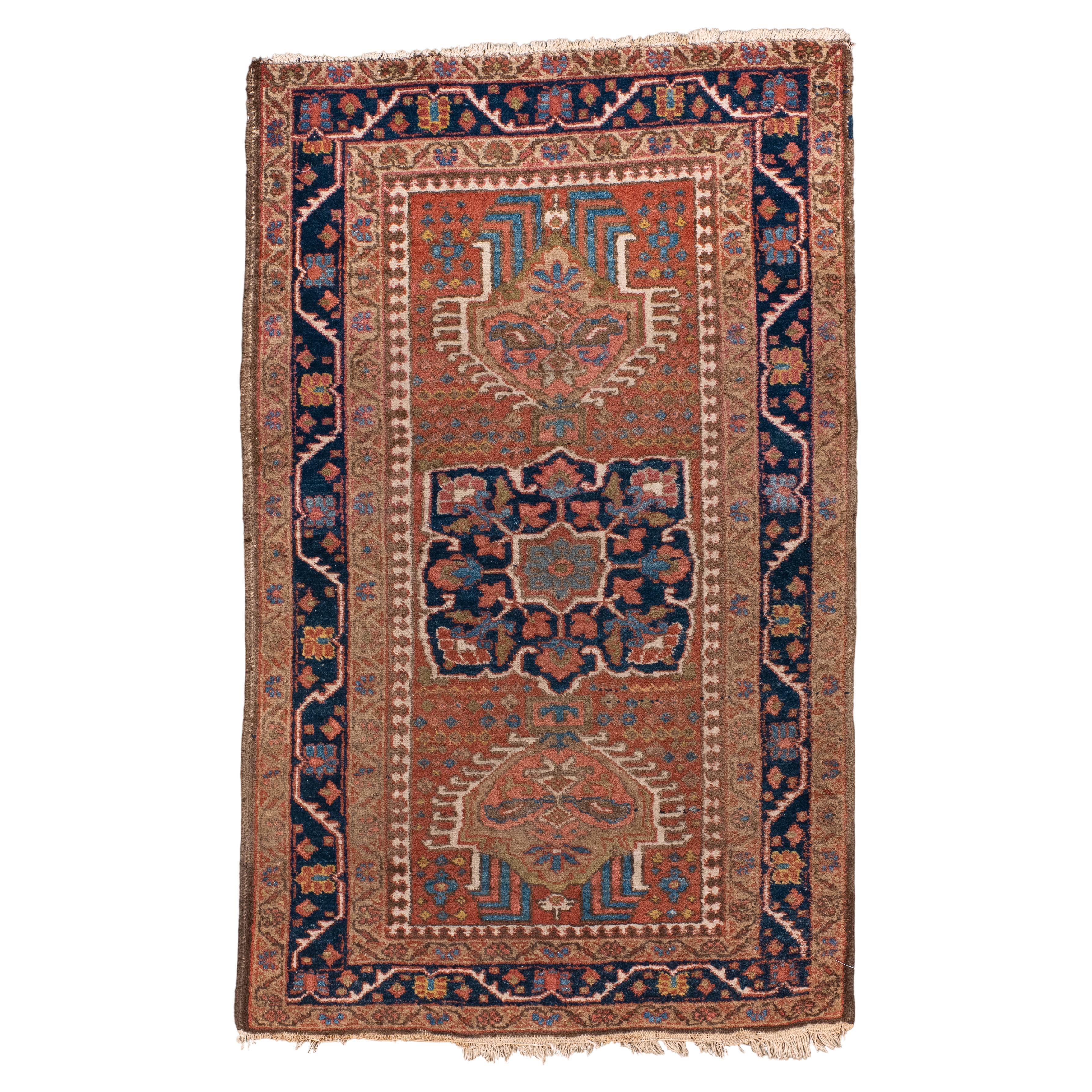 Antique Heriz Rug with Warm Red Field and Dark Blue Border