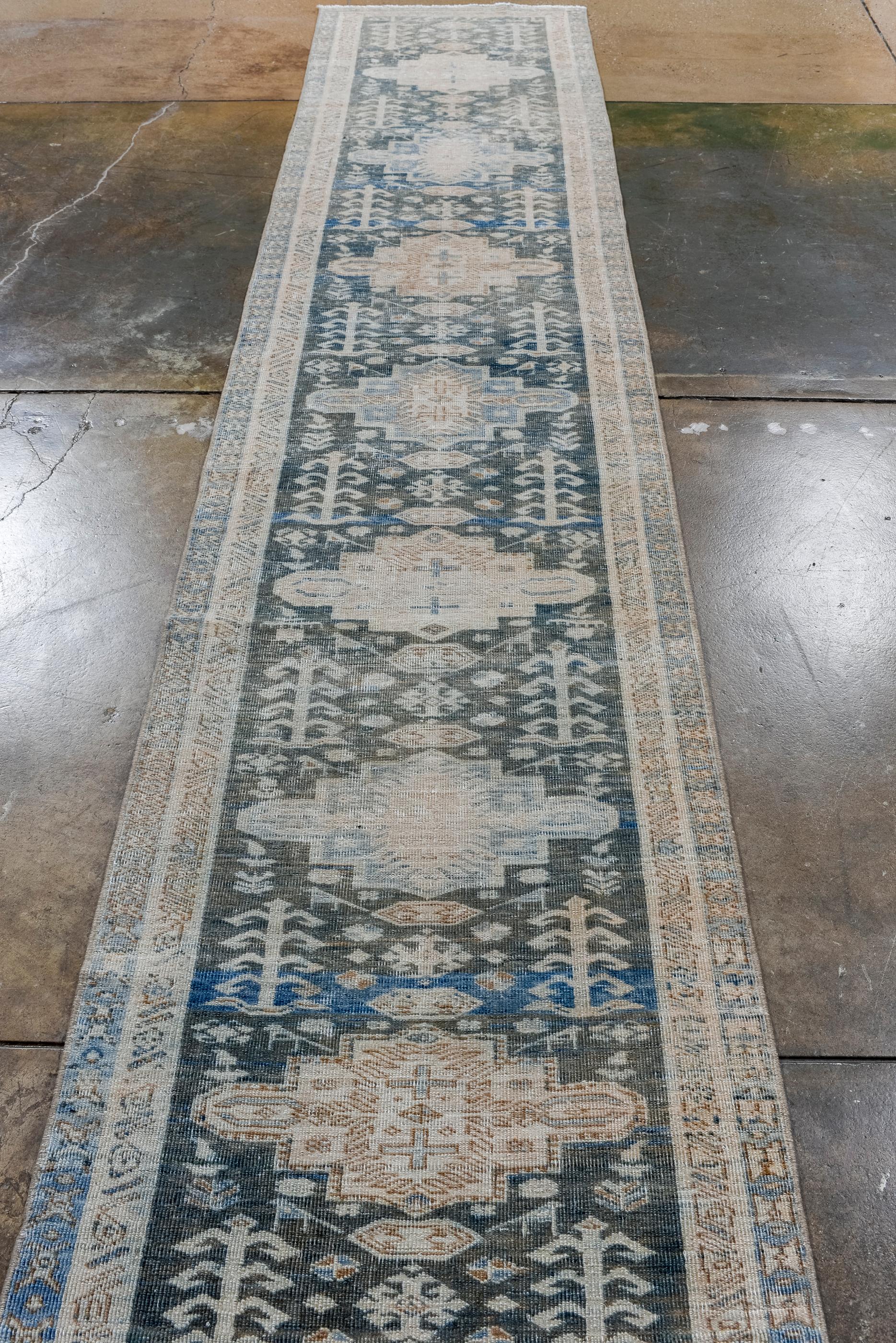Persian Antique Heriz Runner with Blue Field and Ivory Border