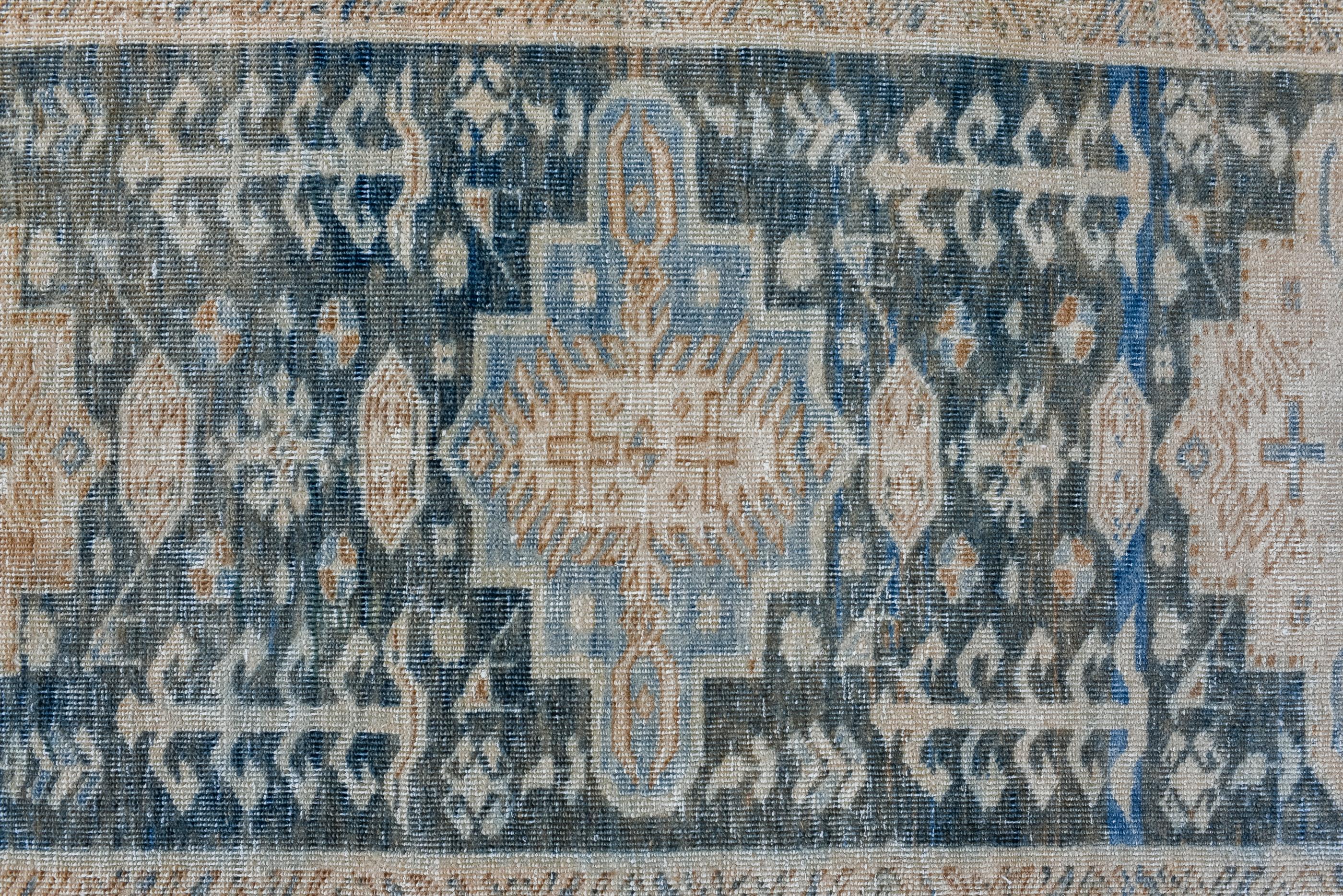Hand-Knotted Antique Heriz Runner with Blue Field and Ivory Border
