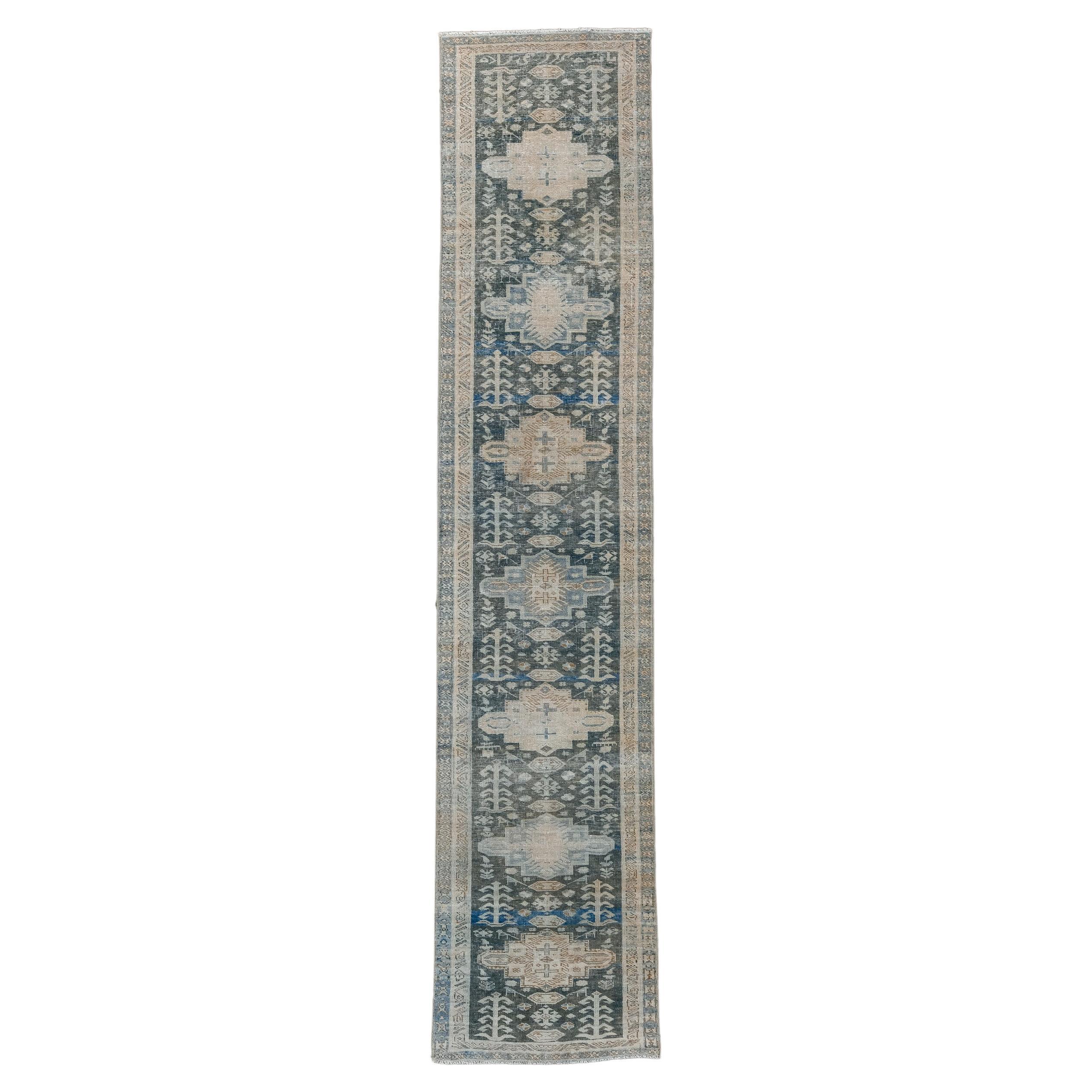 Antique Heriz Runner with Blue Field and Ivory Border