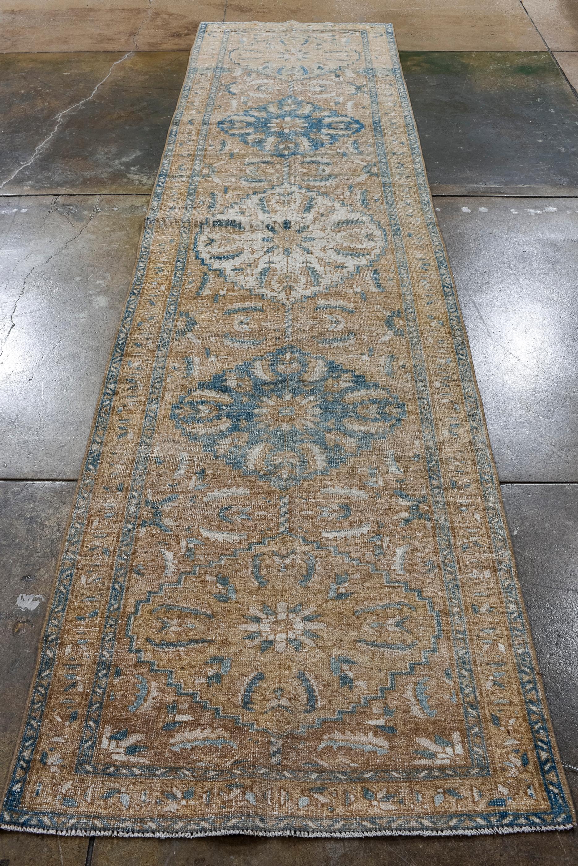 Persian Antique Heriz Runner with Cream Field and Blue and Salmon Details For Sale
