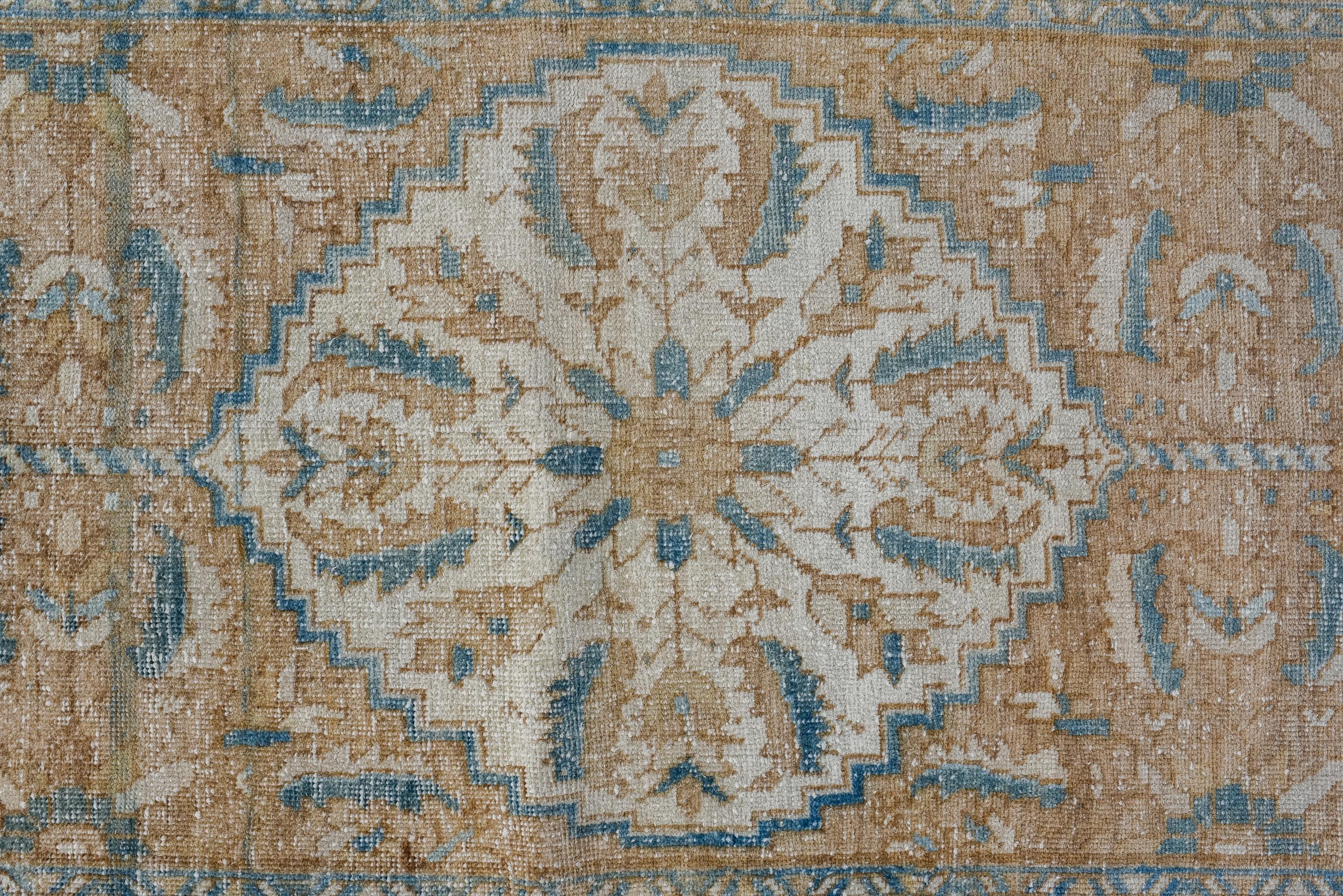 Hand-Knotted Antique Heriz Runner with Cream Field and Blue and Salmon Details For Sale