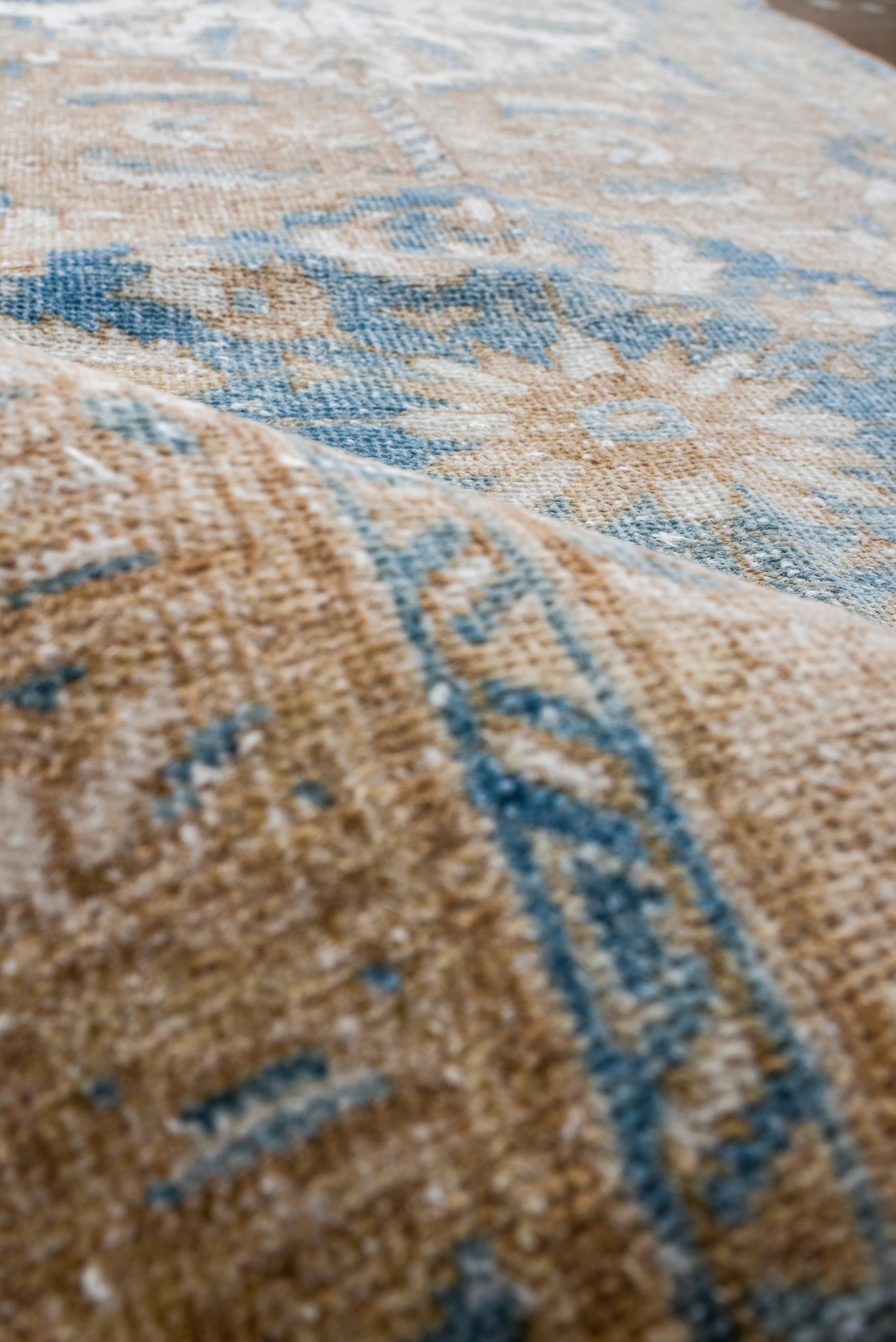 Wool Antique Heriz Runner with Cream Field and Blue and Salmon Details For Sale