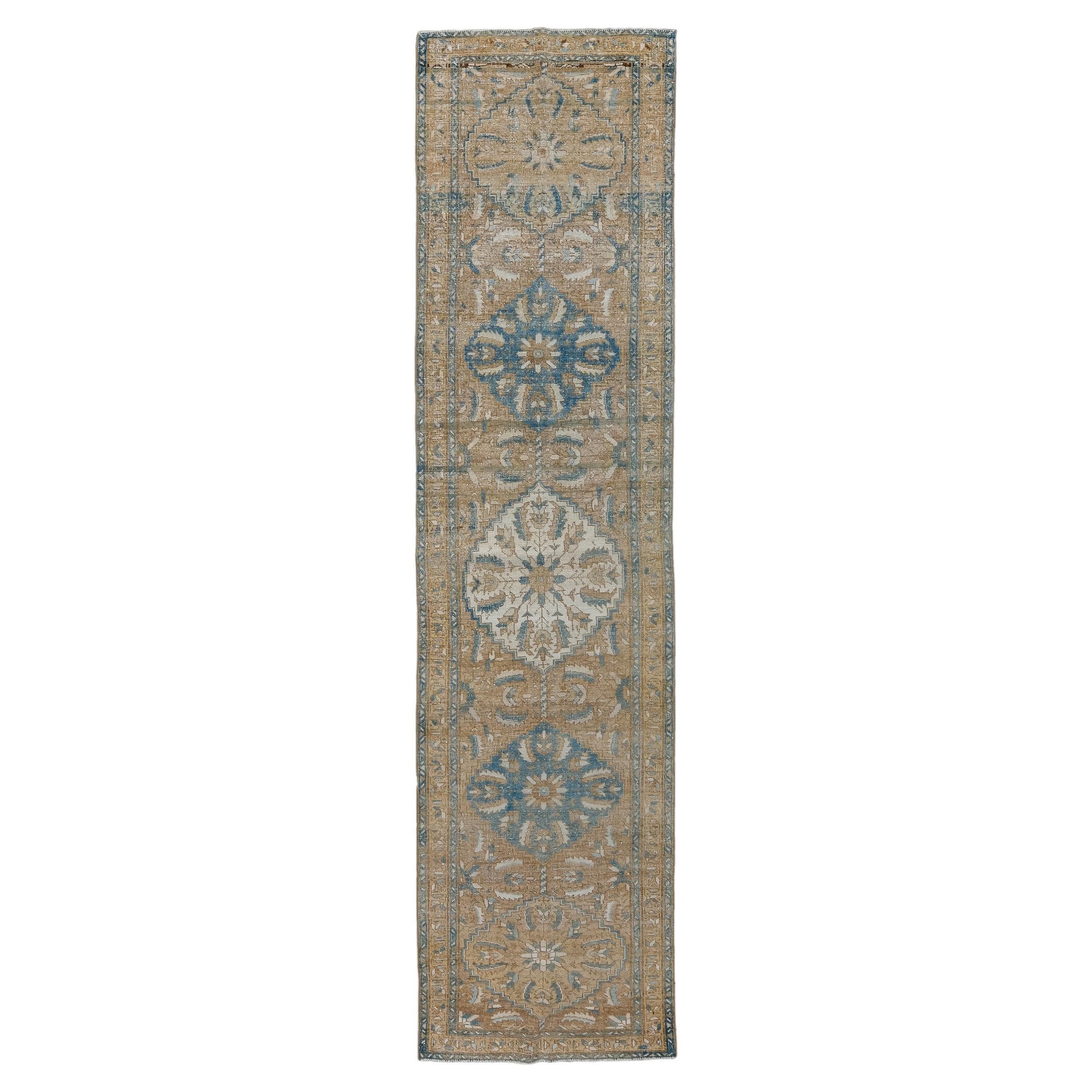 Antique Heriz Runner with Cream Field and Blue and Salmon Details For Sale