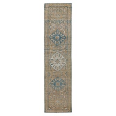 Antique Heriz Runner with Cream Field and Blue and Salmon Details