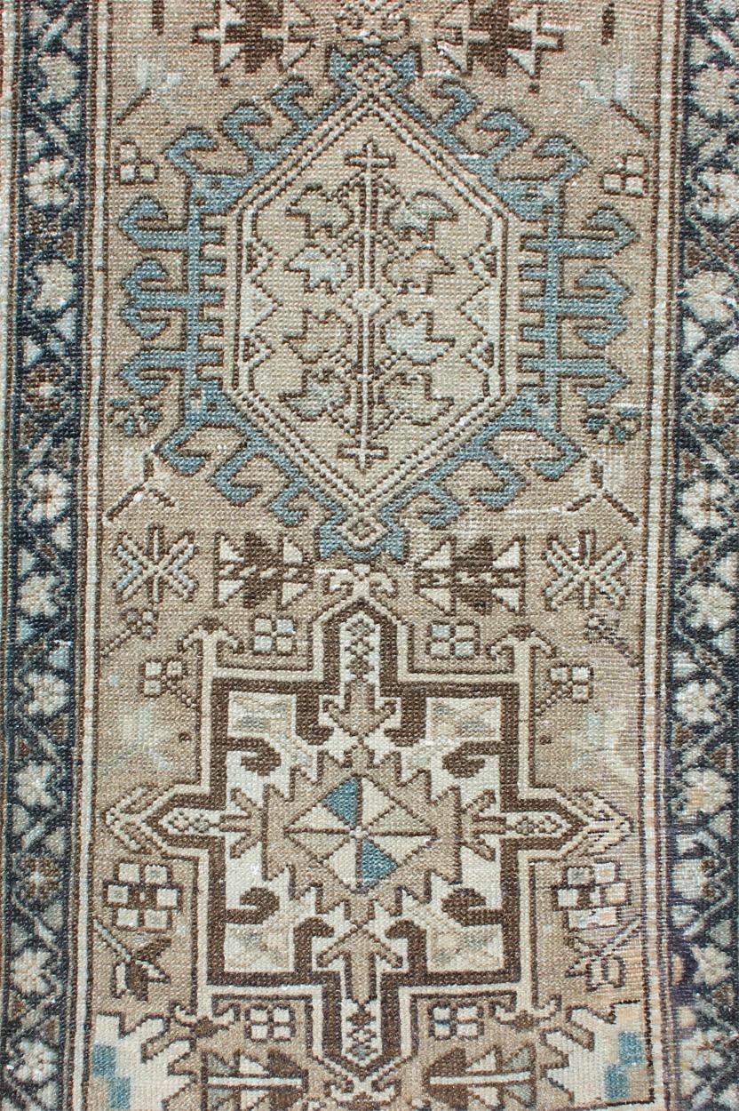 Persian Antique Heriz Runner with Geometric Central Medallions in Tan, Blue & Brown For Sale