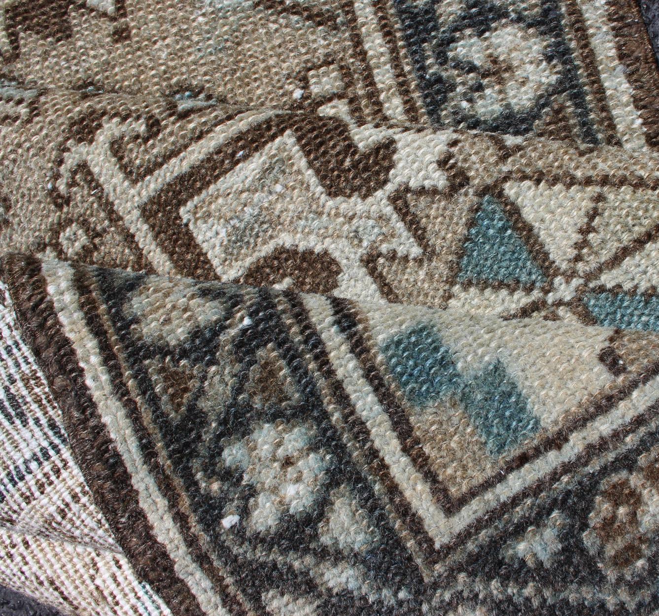 Hand-Knotted Antique Heriz Runner with Geometric Central Medallions in Tan, Blue & Brown For Sale
